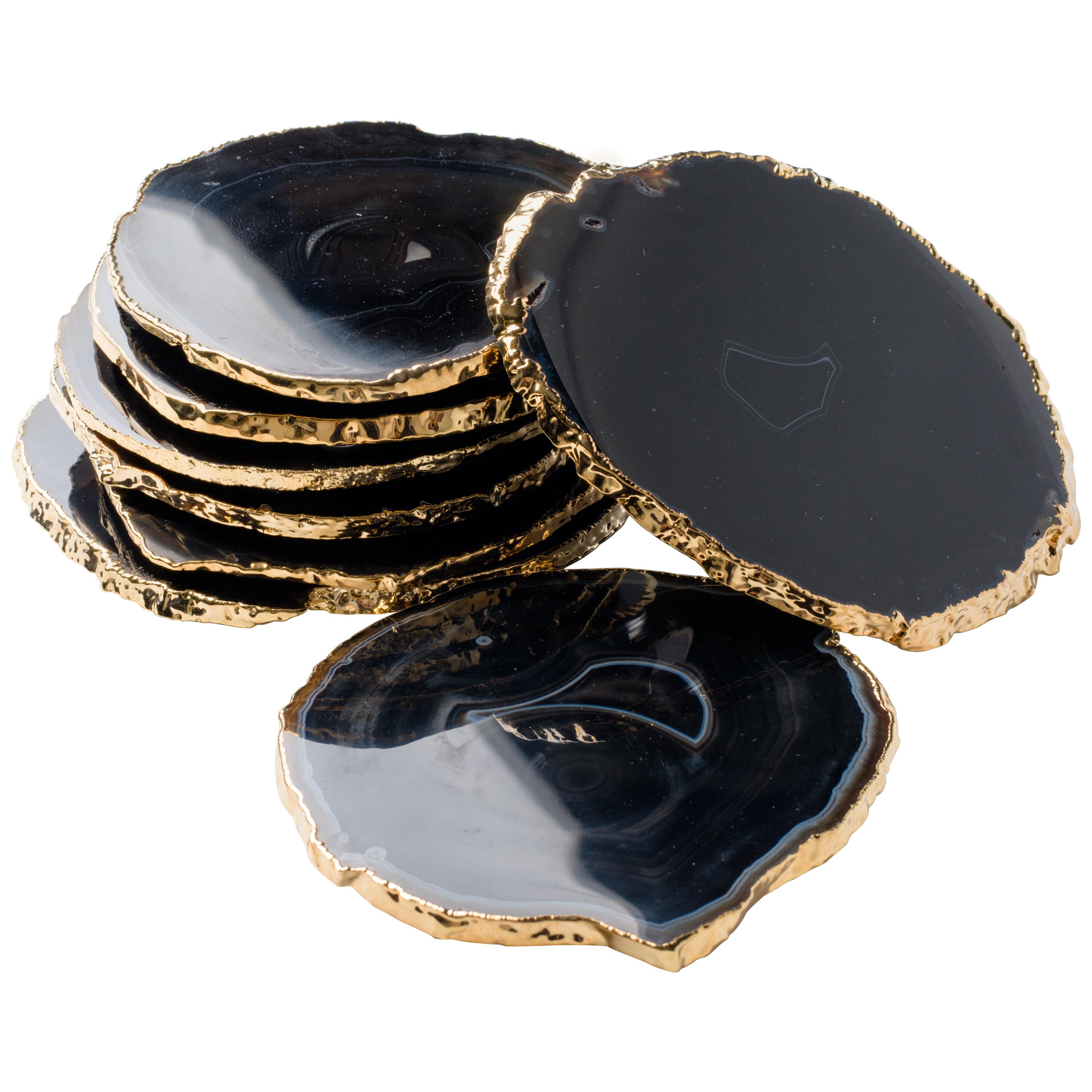 Set of Eight Semi-Precious Gemstone Coasters Black Onyx Wrapped in 24-Karat Gold