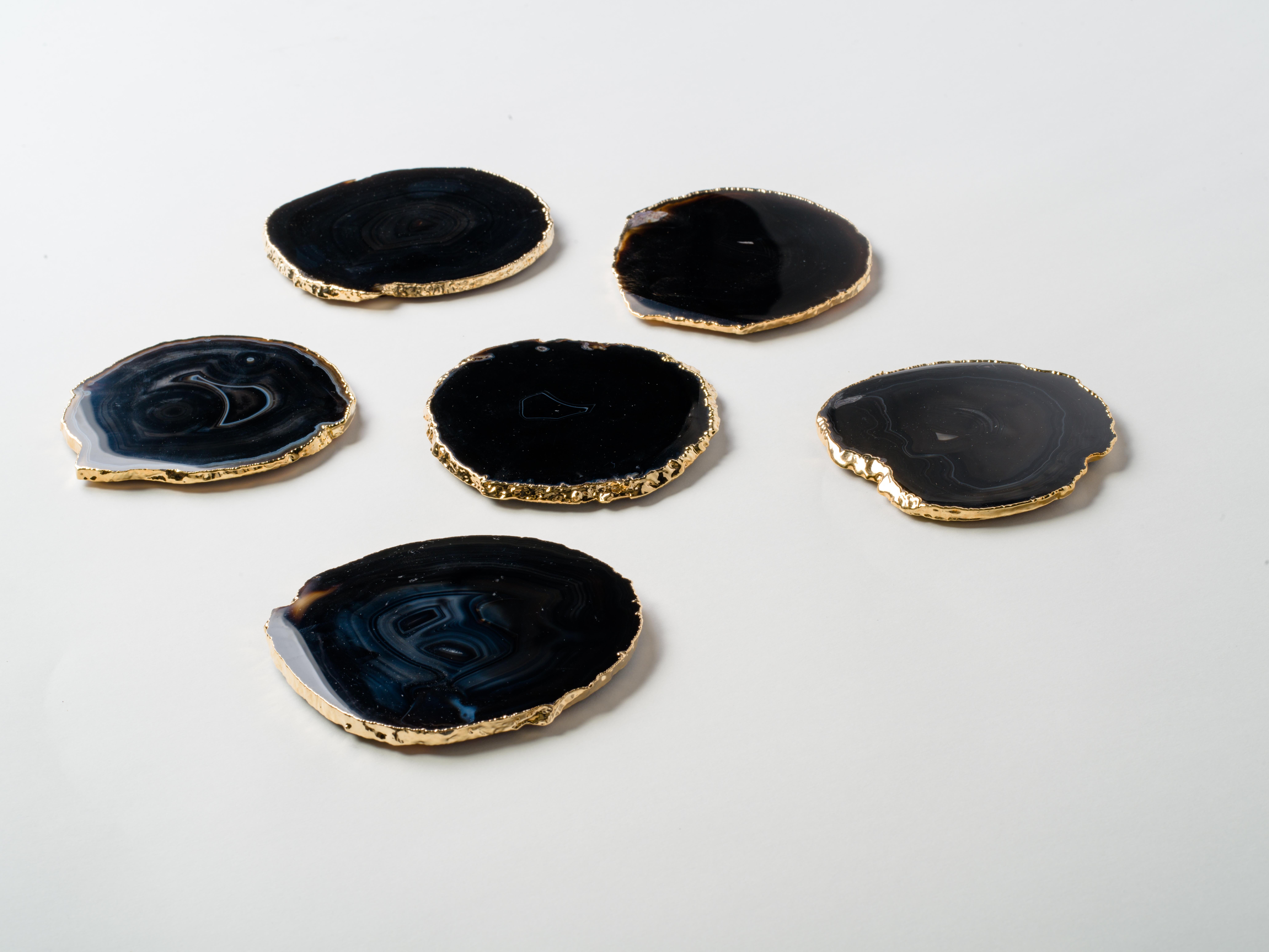 Set of Eight Semi-Precious Gemstone Coasters Black Onyx Wrapped in 24-Karat Gold 2