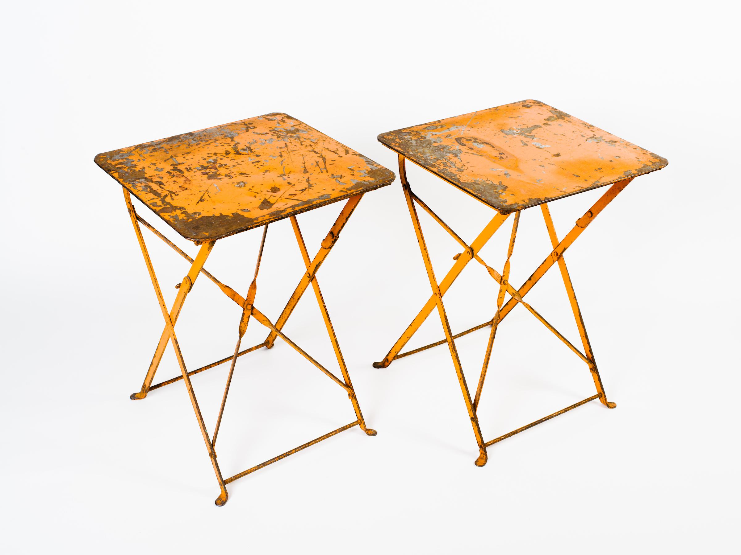 Industrial Pair of French Antique Iron Folding Garden Tables in Distressed Orange, c 1930's