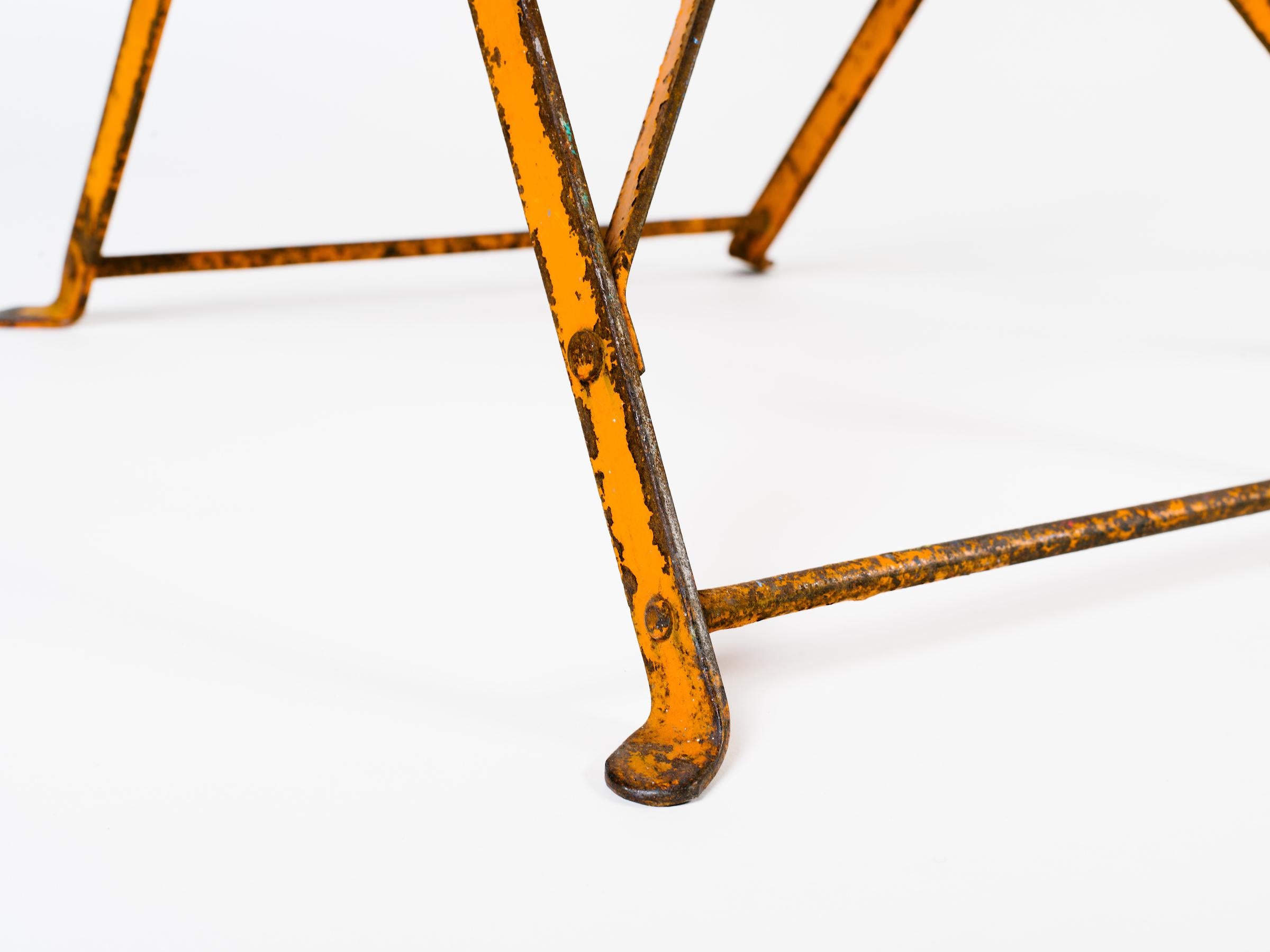 Pair of French Antique Iron Folding Garden Tables in Distressed Orange, c 1930's 5