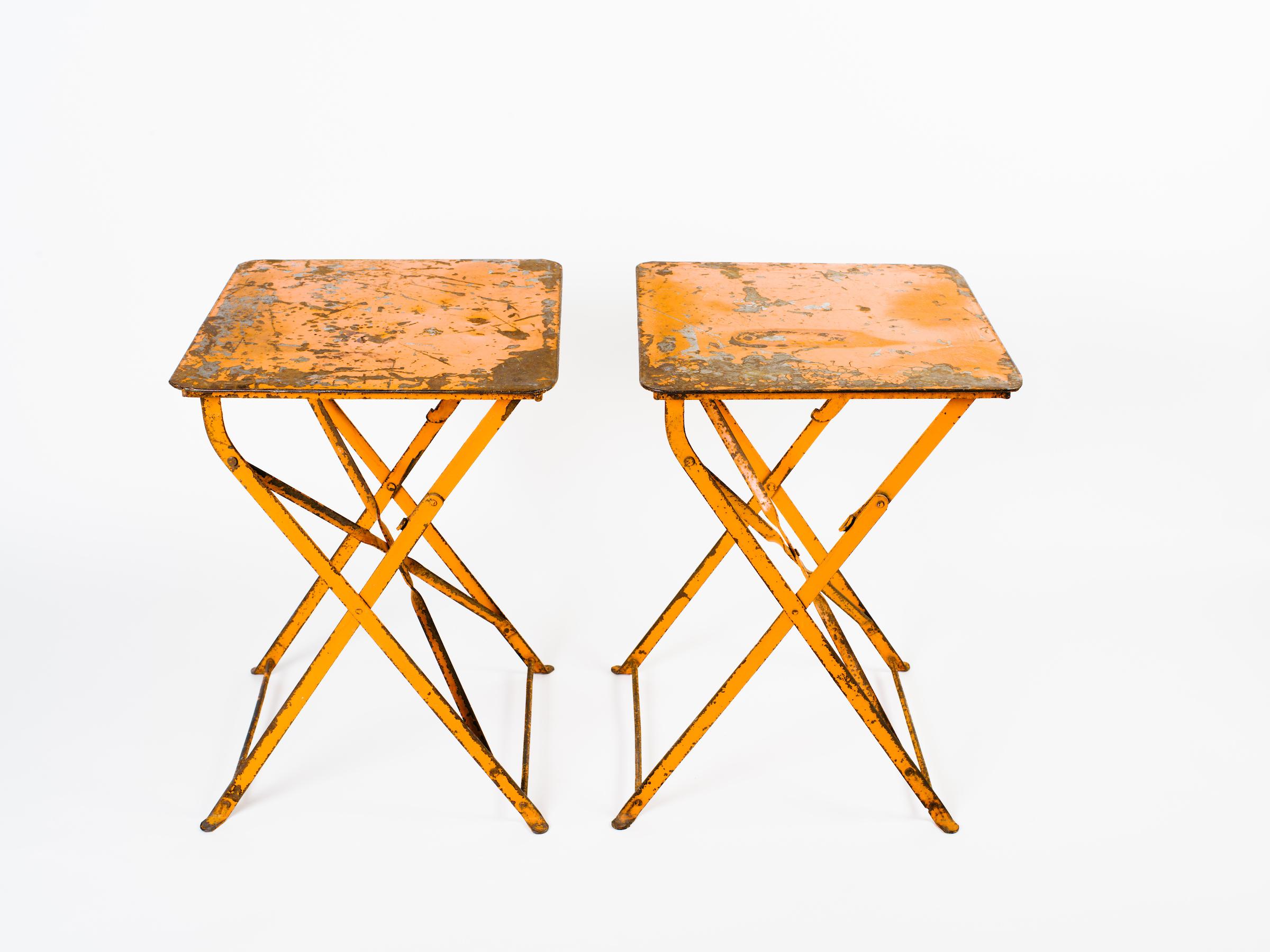Metal Pair of French Antique Iron Folding Garden Tables in Distressed Orange, c 1930's