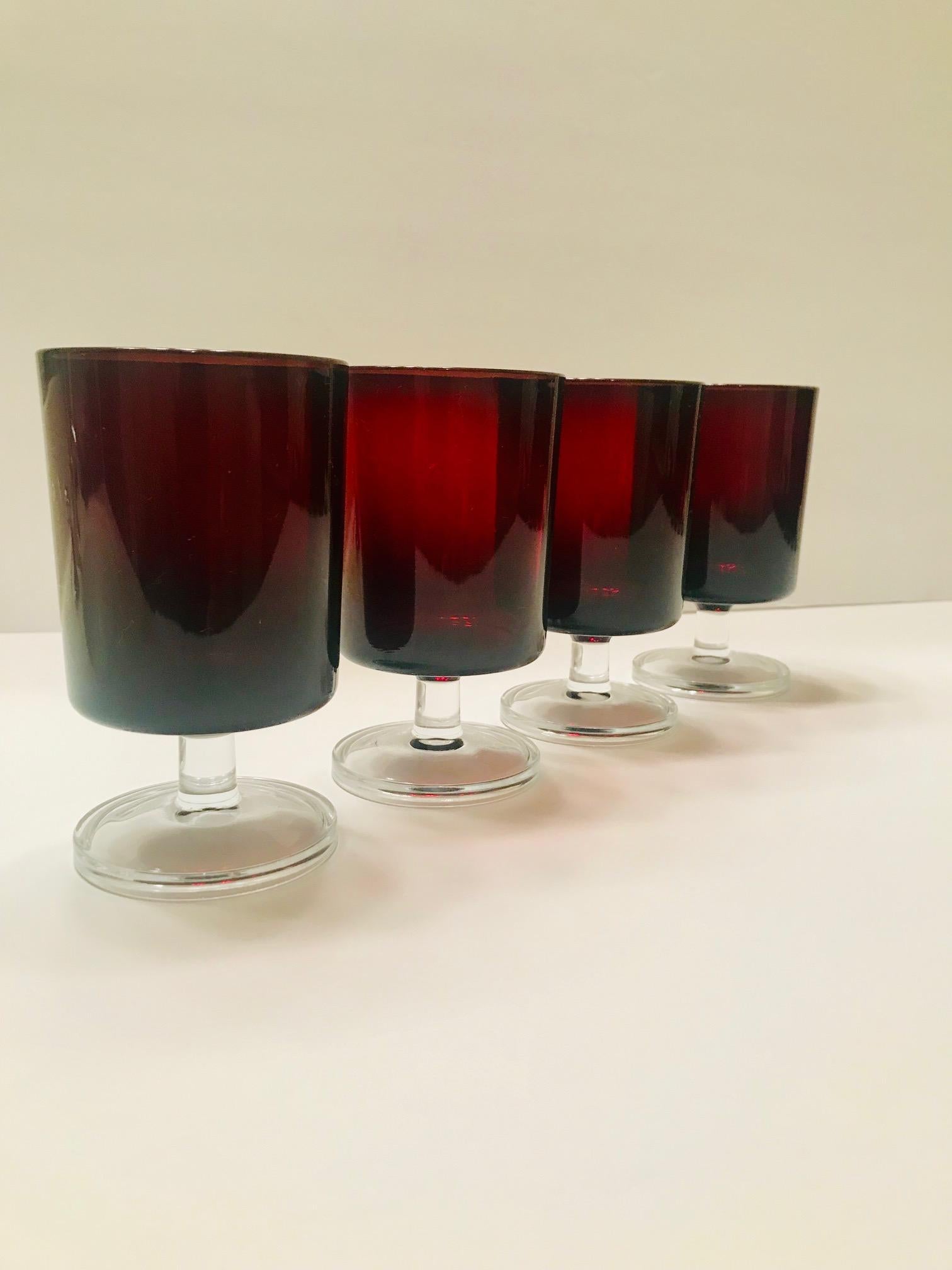 Crystal Set of 12 Mid-Century Modern Ruby Red Wine Goblets by Cristal d'Arques