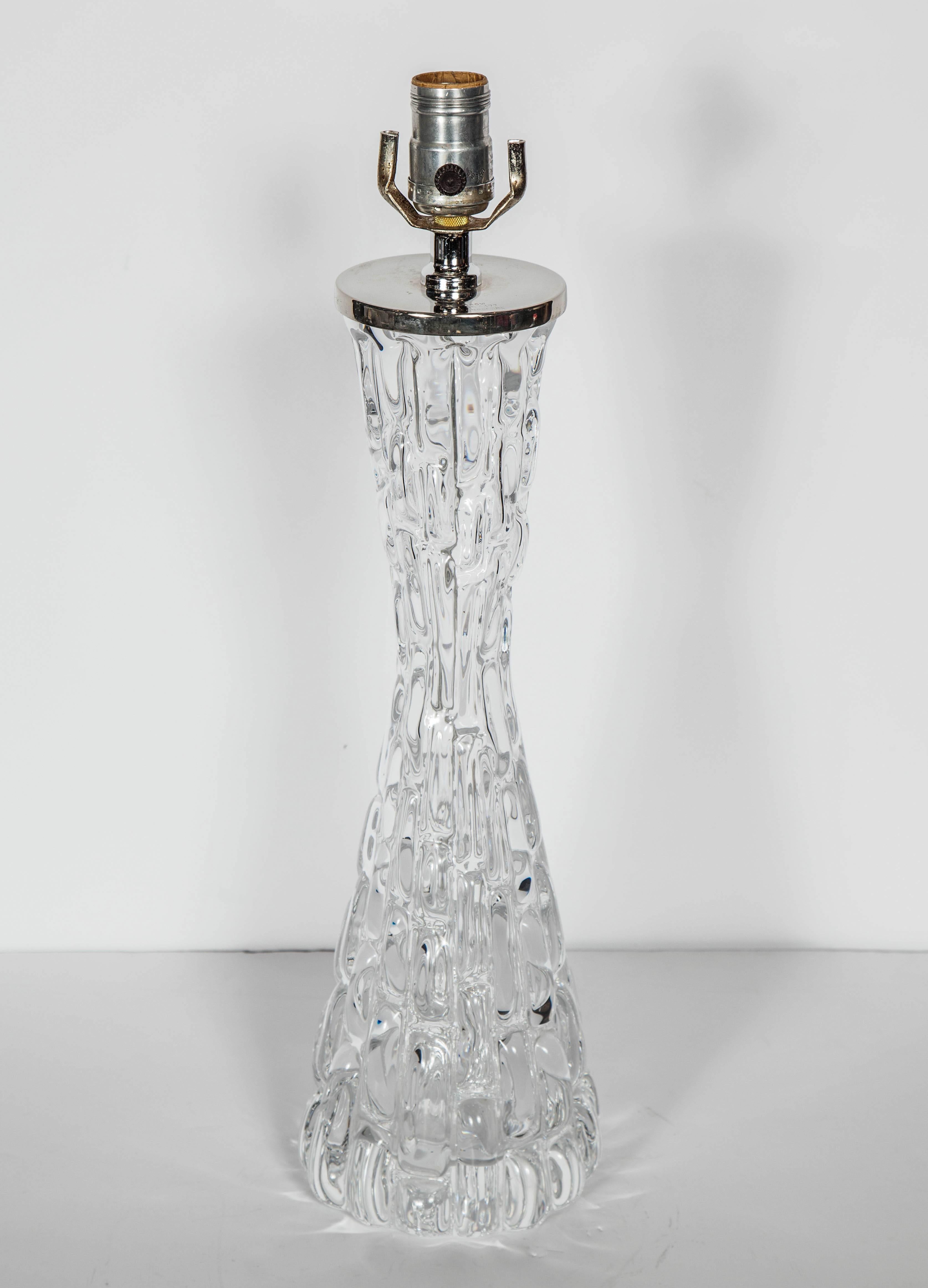 Nickel Swedish Mid-Century Modern Crystal Ice Glass Lamp by Orrefors