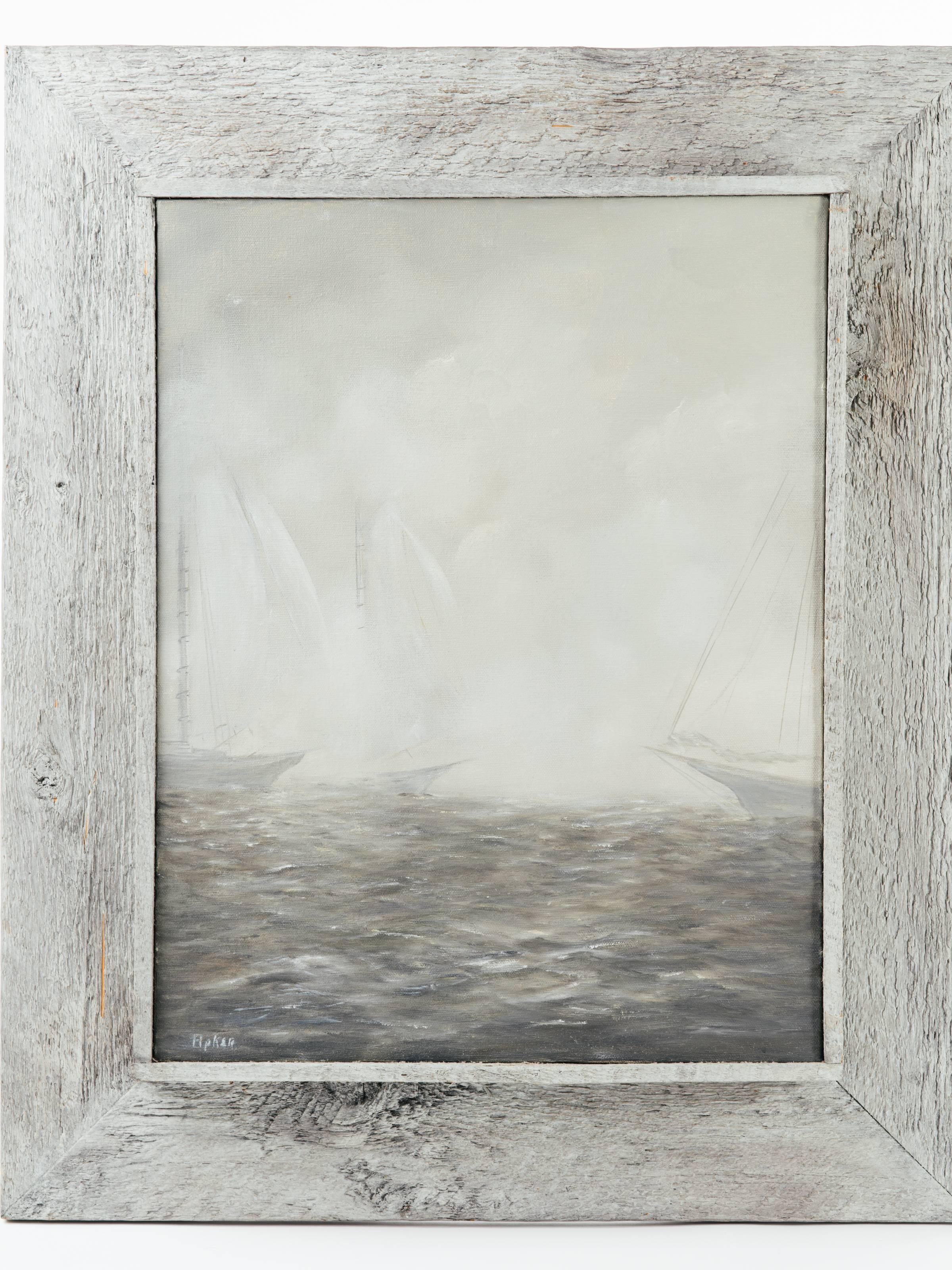 Beautiful Mid-Century Modern impressionism painting depicting a series of sailboats in heavy fog. Comprised of monochromatic colors in hues of grey, taupe, and white. In original rustic pine wood shadowbox frame in a driftwood grey.
