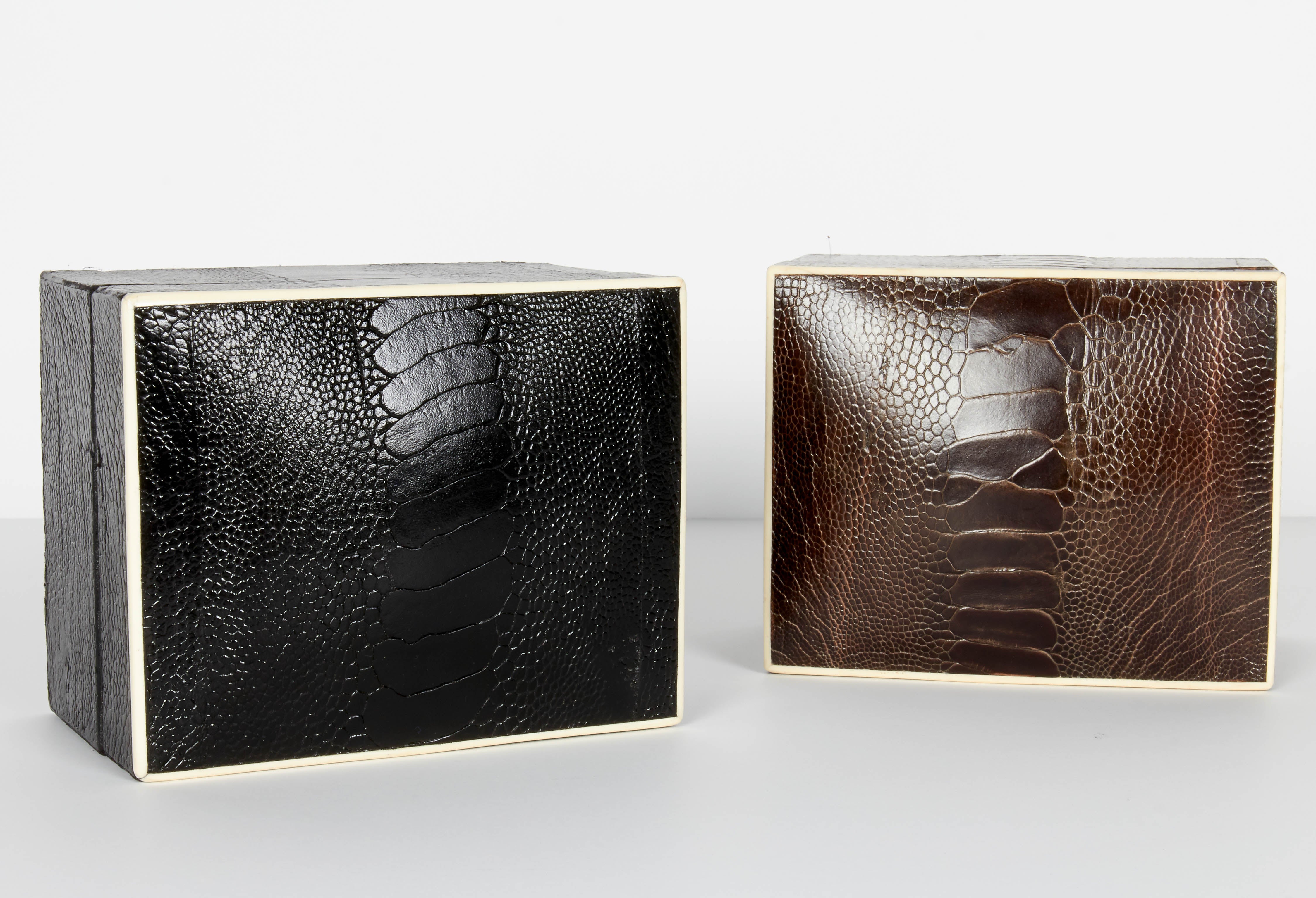 Organic Modern Pair of Exotic Ostrich Leather Decorative Boxes with Bone Inlay ‘Black/Espresso’