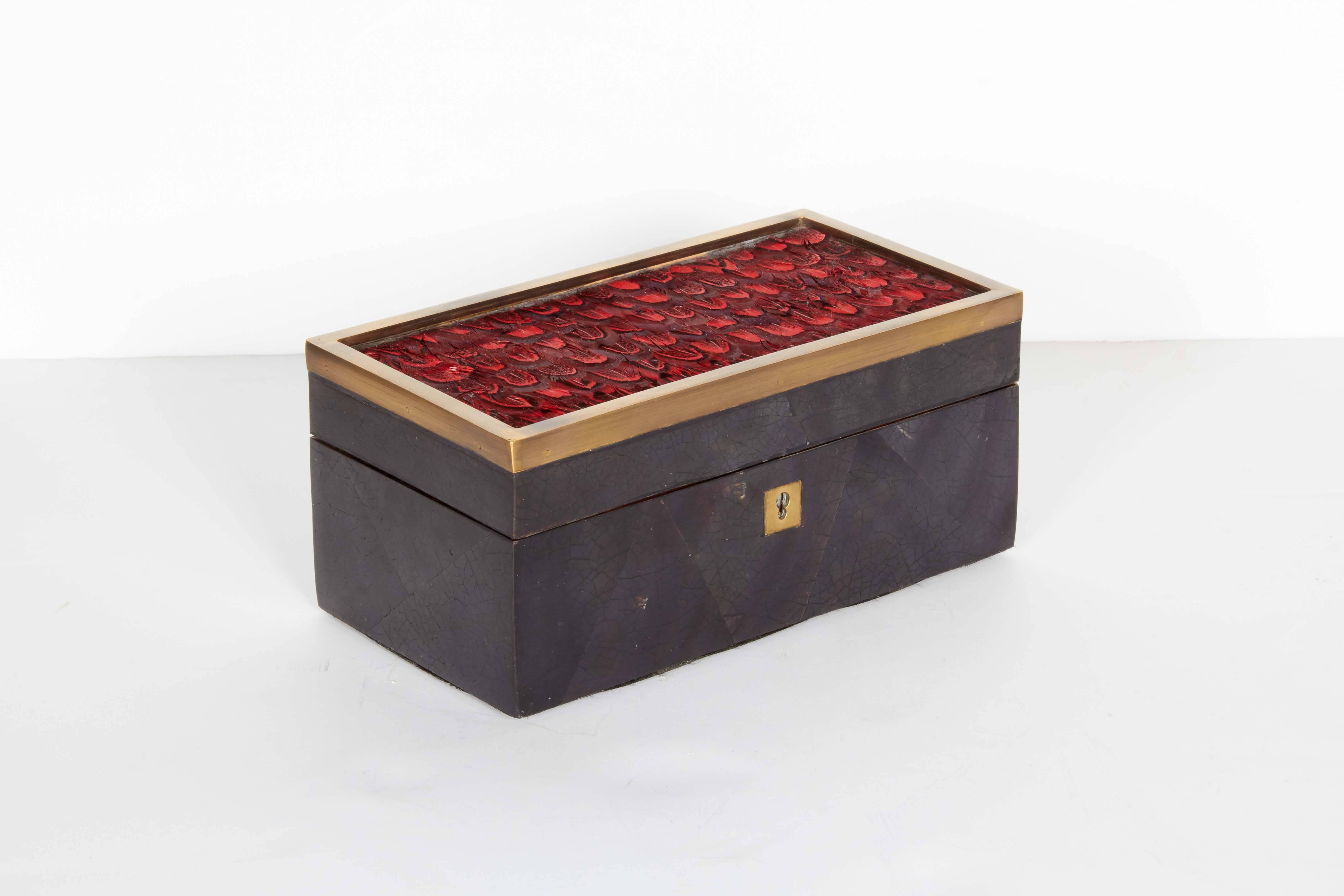 French Organic Modern Decorative Box in Lacquered Pen Shell and Exotic Red Feathers