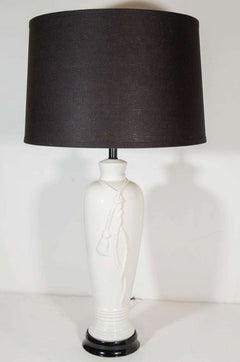 Pair of Mid-Century Modern White Porcelain Lamps with Rope and Tassel, c. 1960's