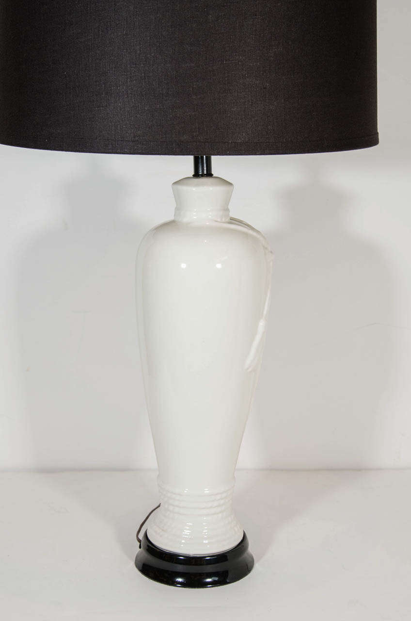 Glazed Pair of Mid-Century Modern White Porcelain Lamps with Rope and Tassel, c. 1960's For Sale
