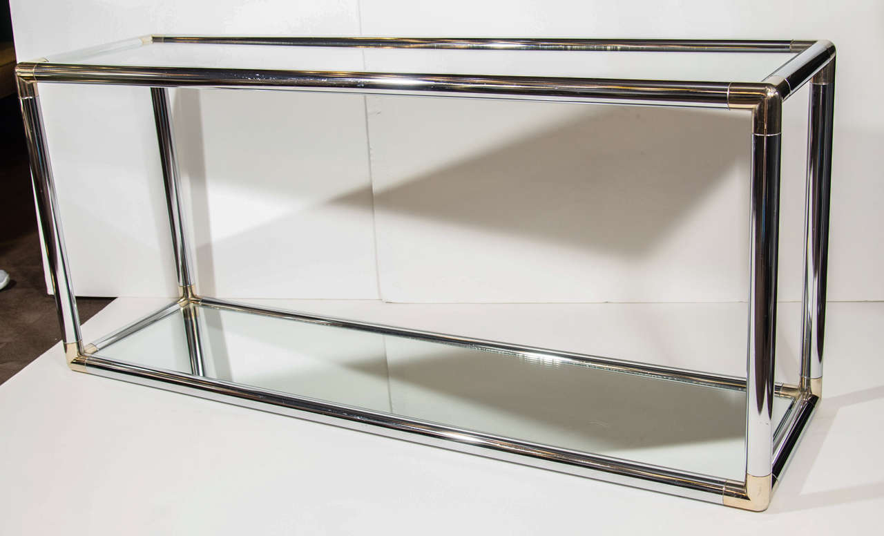 Italian Mid-Century Modern Chrome and Mirror Two-Tier Console Table, Italy c. 1970's For Sale