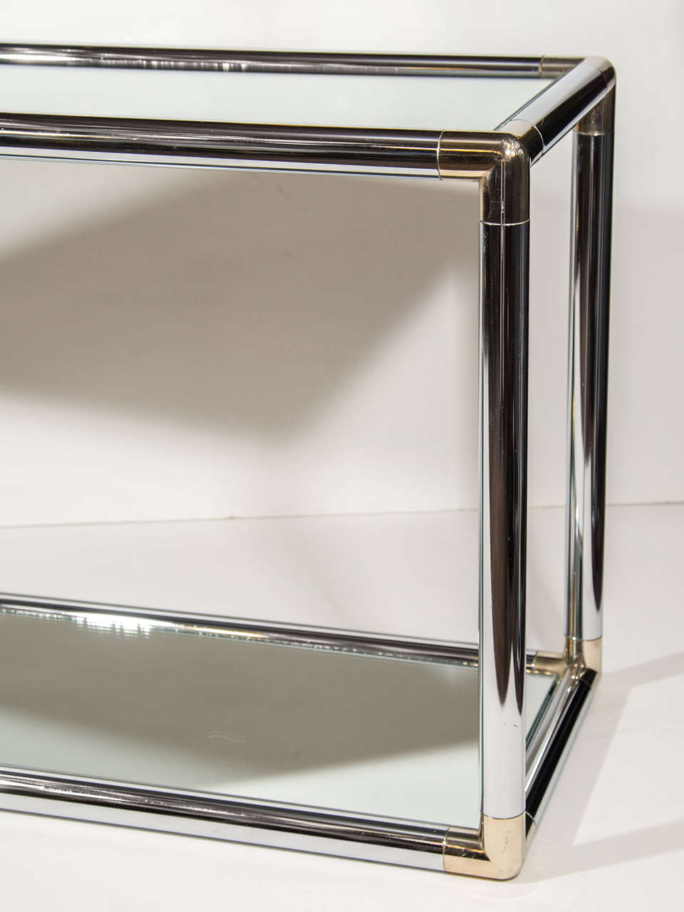 Polished Mid-Century Modern Chrome and Mirror Two-Tier Console Table, Italy c. 1970's For Sale