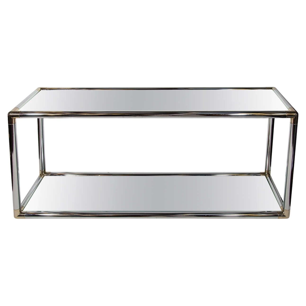 Mid-Century Modern Chrome and Mirror Two-Tier Console Table, Italy c. 1970's