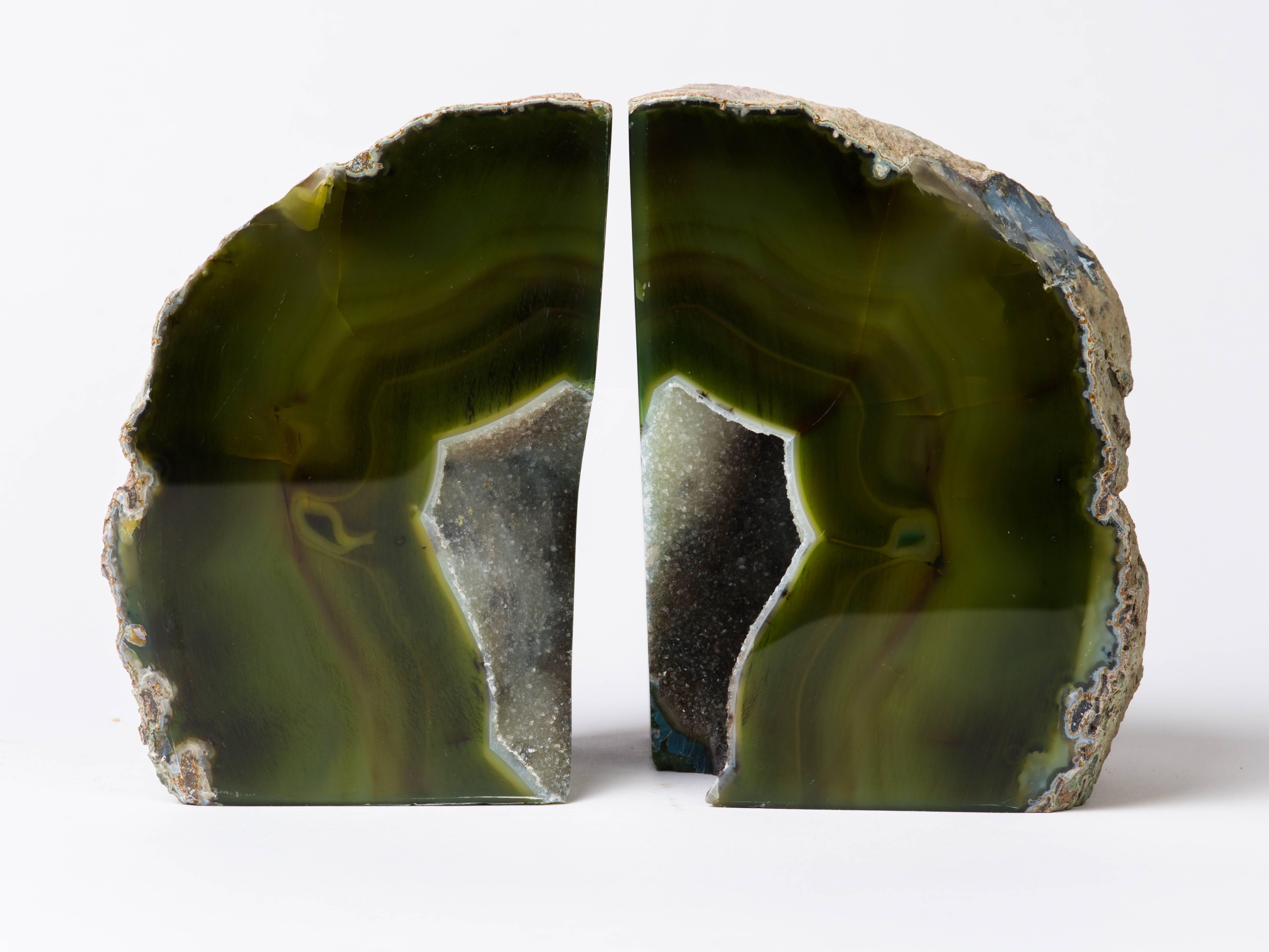 Contemporary Pair of Organic Modern Agate and Crystal Bookends in Moss Green