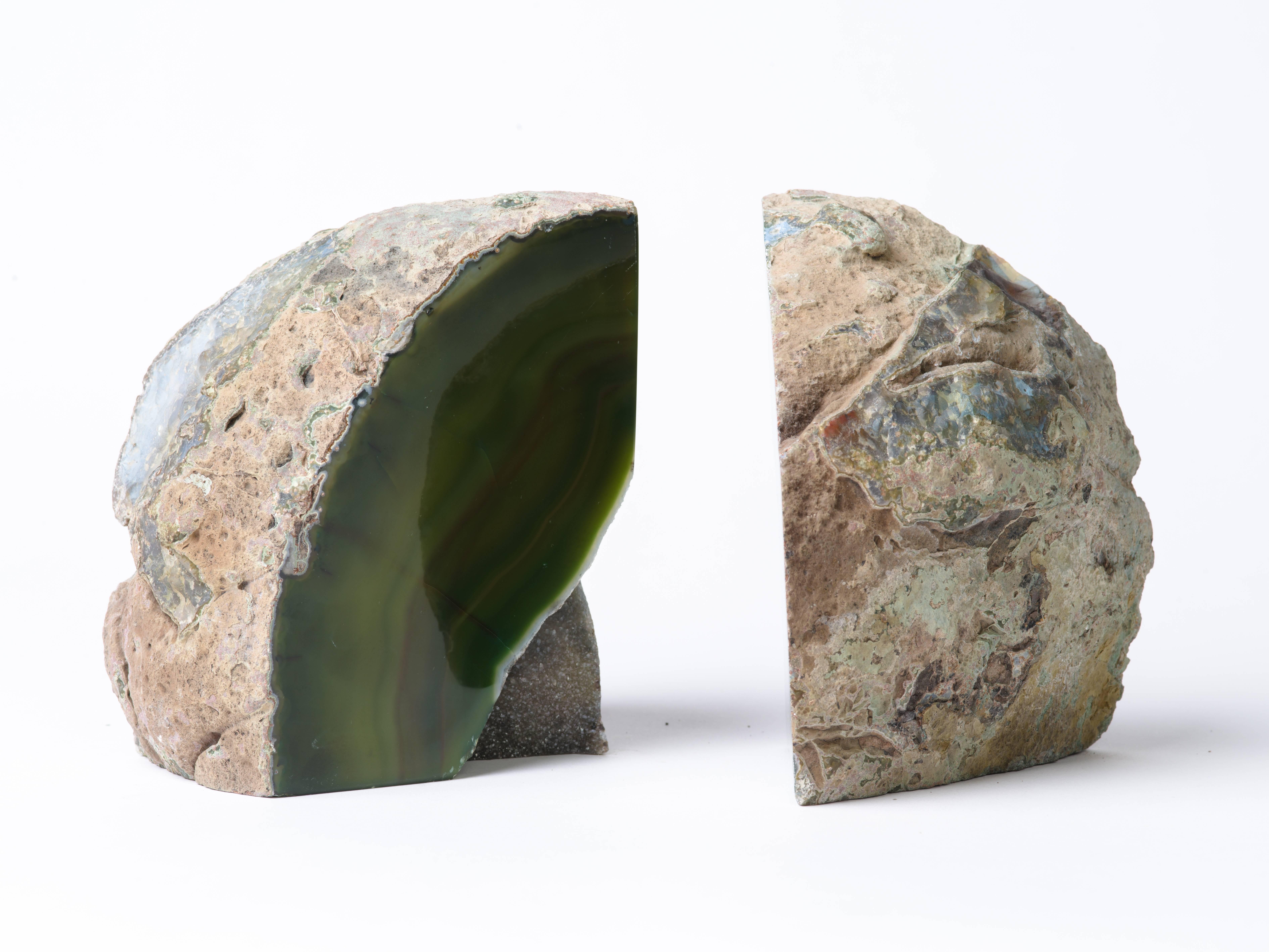 Pair of Organic Modern Agate and Crystal Bookends in Moss Green 3