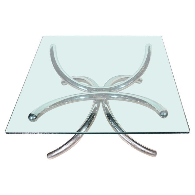 Chrome and Glass Tubular Coffee Table in Style of Paul Tuttle, Italy c. 1970's For Sale
