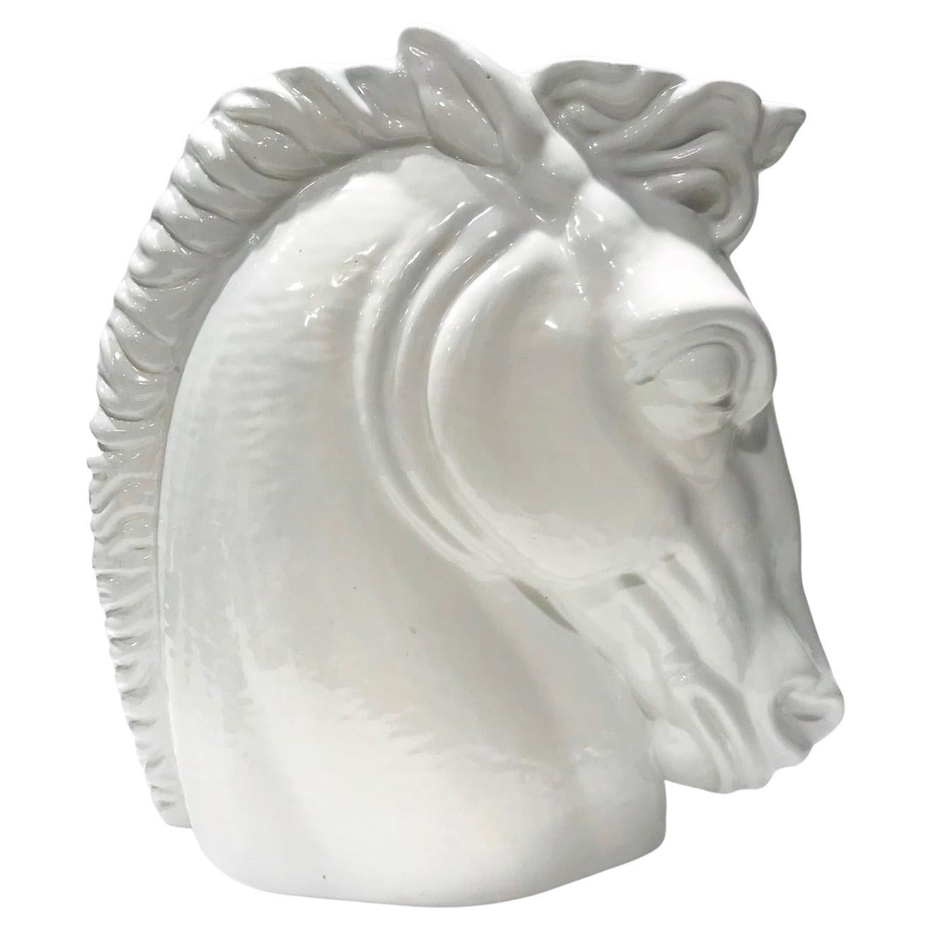 Italian horse head sculpture with white glaze finish. Handmade ceramic vase with Art Deco inspired design and highly stylized details. Beautiful as a decorative object and can be used as a centerpiece or vase. Has illegible signature and marking on