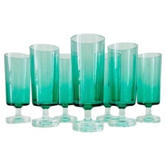 Vintage Crystal Champagne Flutes in Emerald Green, Set of Seven, circa 1960s