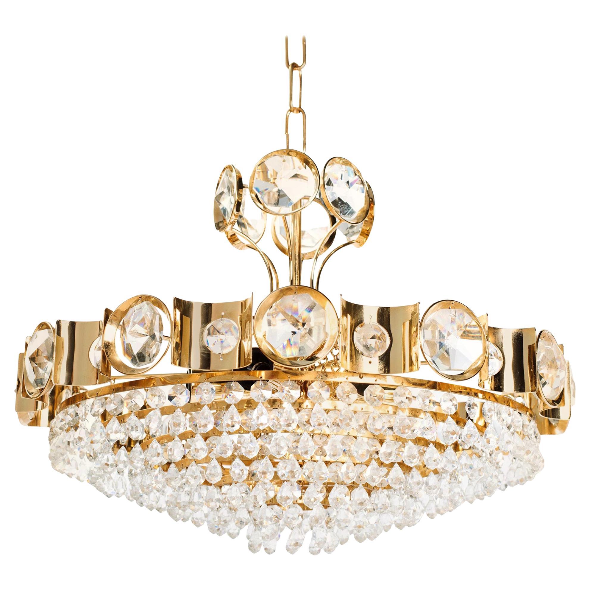Lobmeyr Gold Plated Brass and Cut Crystal Chandelier, circa 1960s For Sale