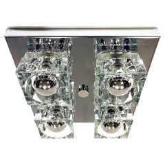 1970's Cubist Flush Mount Chandelier in Chrome and Glass, by Gaetano Sciolari