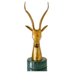 Brass Ibex Sculpture with Exotic Verde Guatemala Marble Base, circa 1970s