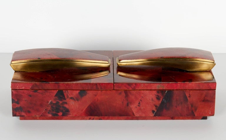 Mid-Century Modern Exotic Dyed Pen Shell Jewelry Box in Ruby Red with Stylized Bronze Accents