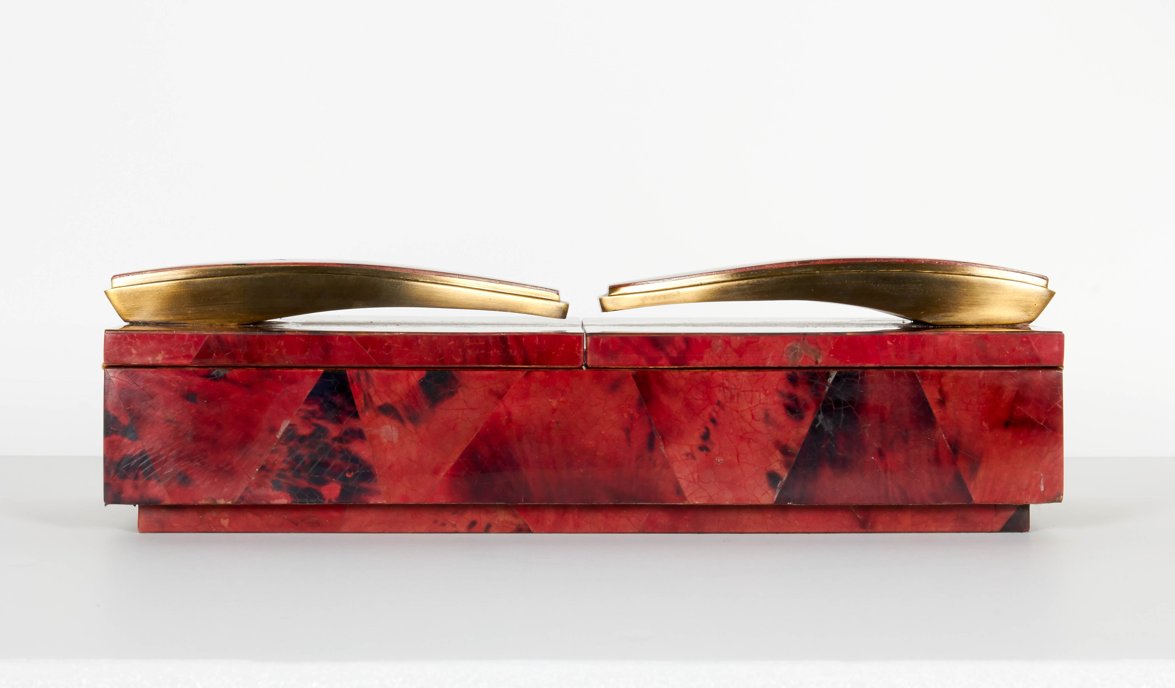 Exotic Dyed Pen Shell Jewelry Box in Ruby Red with Stylized Bronze Accents
