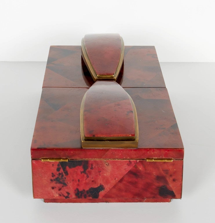 French Exotic Dyed Pen Shell Jewelry Box in Ruby Red with Stylized Bronze Accents