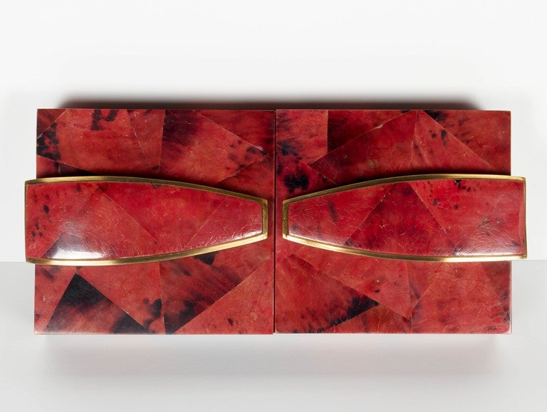 20th Century Exotic Dyed Pen Shell Jewelry Box in Ruby Red with Stylized Bronze Accents
