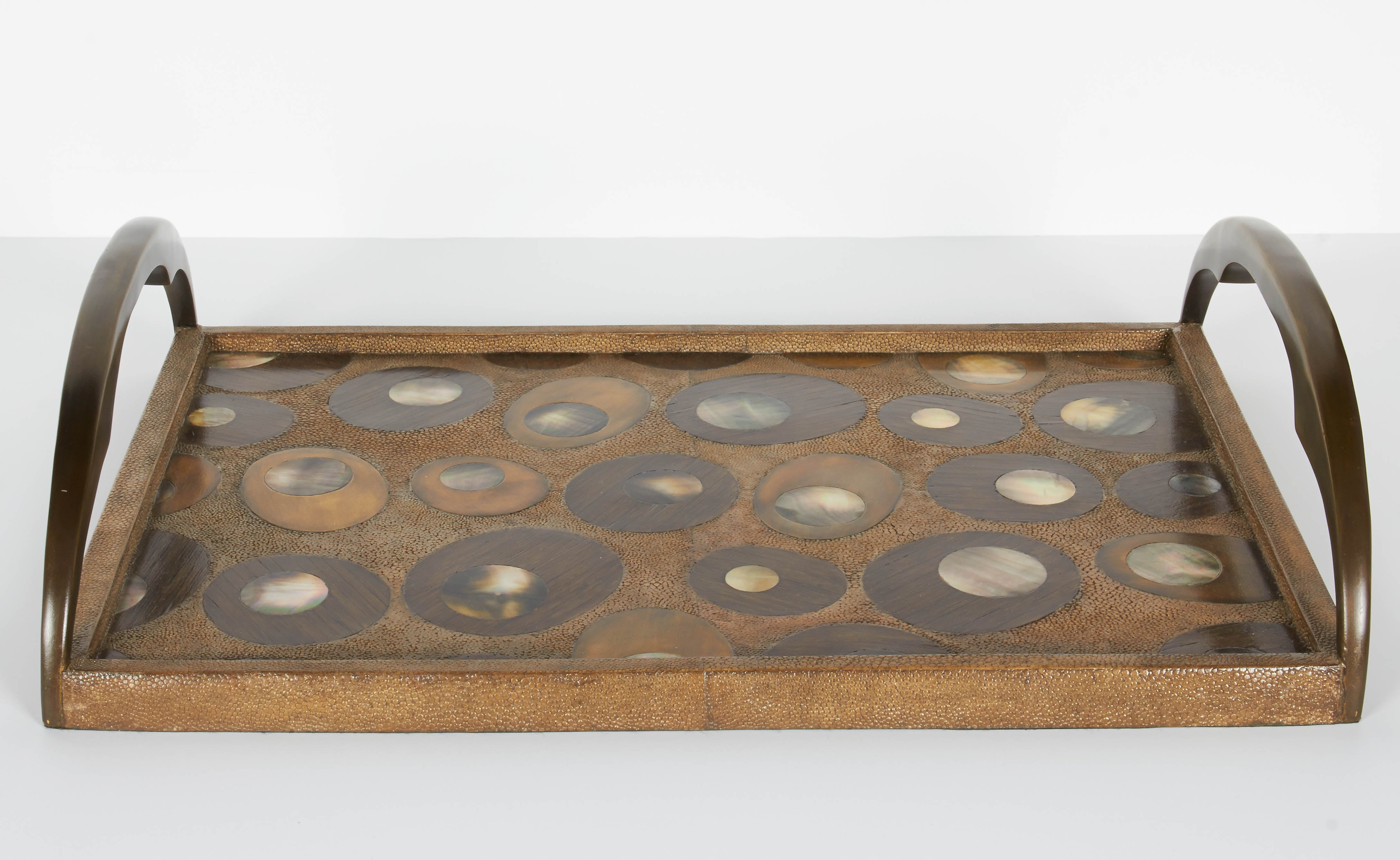 Exotic Shagreen Serving Tray with Mother-of-Pearl Inlays and Bronze Hardware