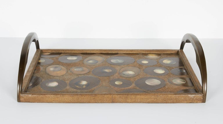 Exotic Shagreen Serving Tray with Mother-of-Pearl Inlays and Bronze Hardware