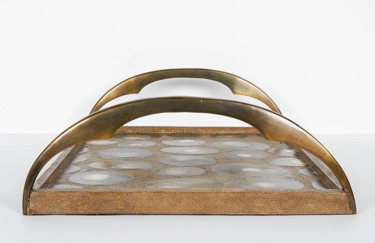 French Exotic Shagreen Serving Tray with Mother-of-Pearl Inlays and Bronze Hardware