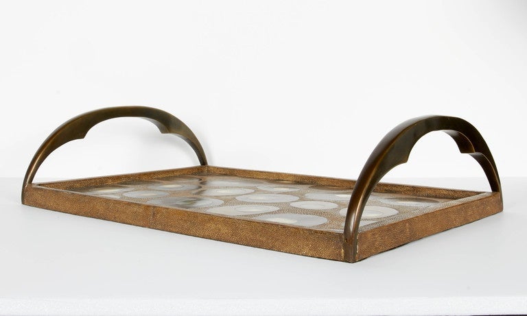 Forged Exotic Shagreen Serving Tray with Mother-of-Pearl Inlays and Bronze Hardware