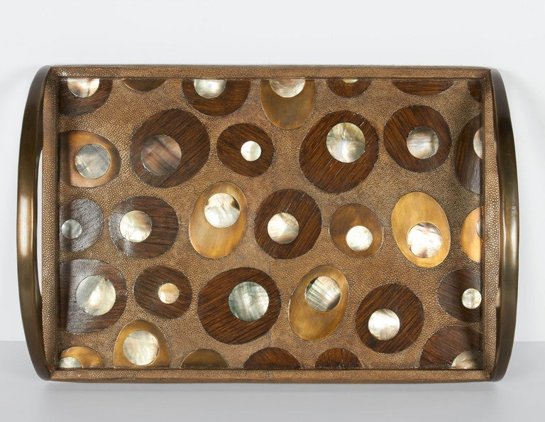 Exotic Shagreen Serving Tray with Mother-of-Pearl Inlays and Bronze Hardware In Excellent Condition In Fort Lauderdale, FL