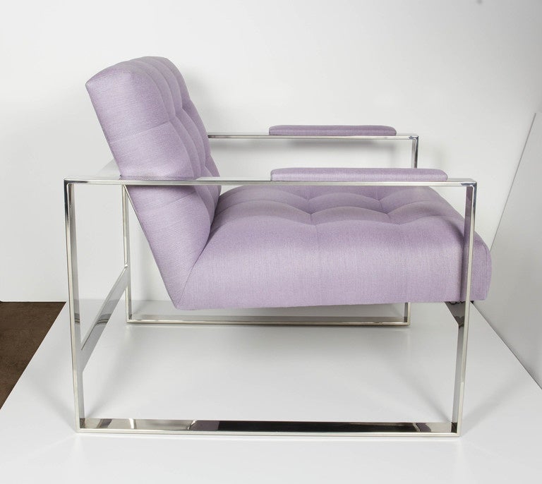 American Pair of Lavender Tufted Lounge Chairs Designed by Milo Baughman