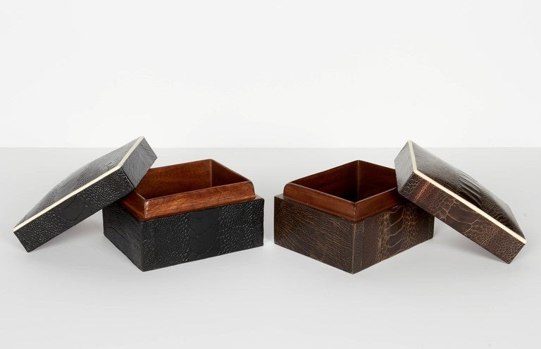 Hand-Crafted Pair Exotic Ostrich Leather Decorative Boxes with Bone Inlay in Black & Brown 