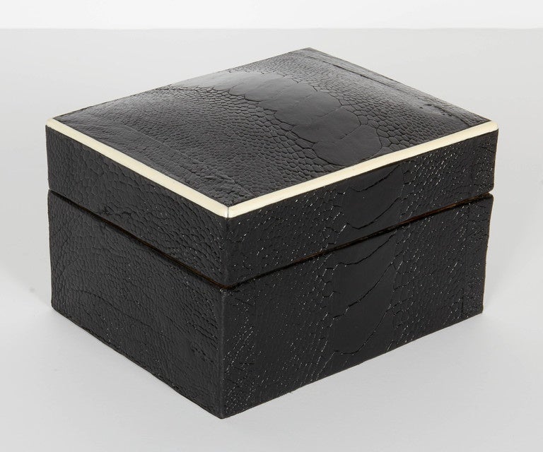 Organic Modern Pair Exotic Ostrich Leather Decorative Boxes with Bone Inlay in Black & Brown 