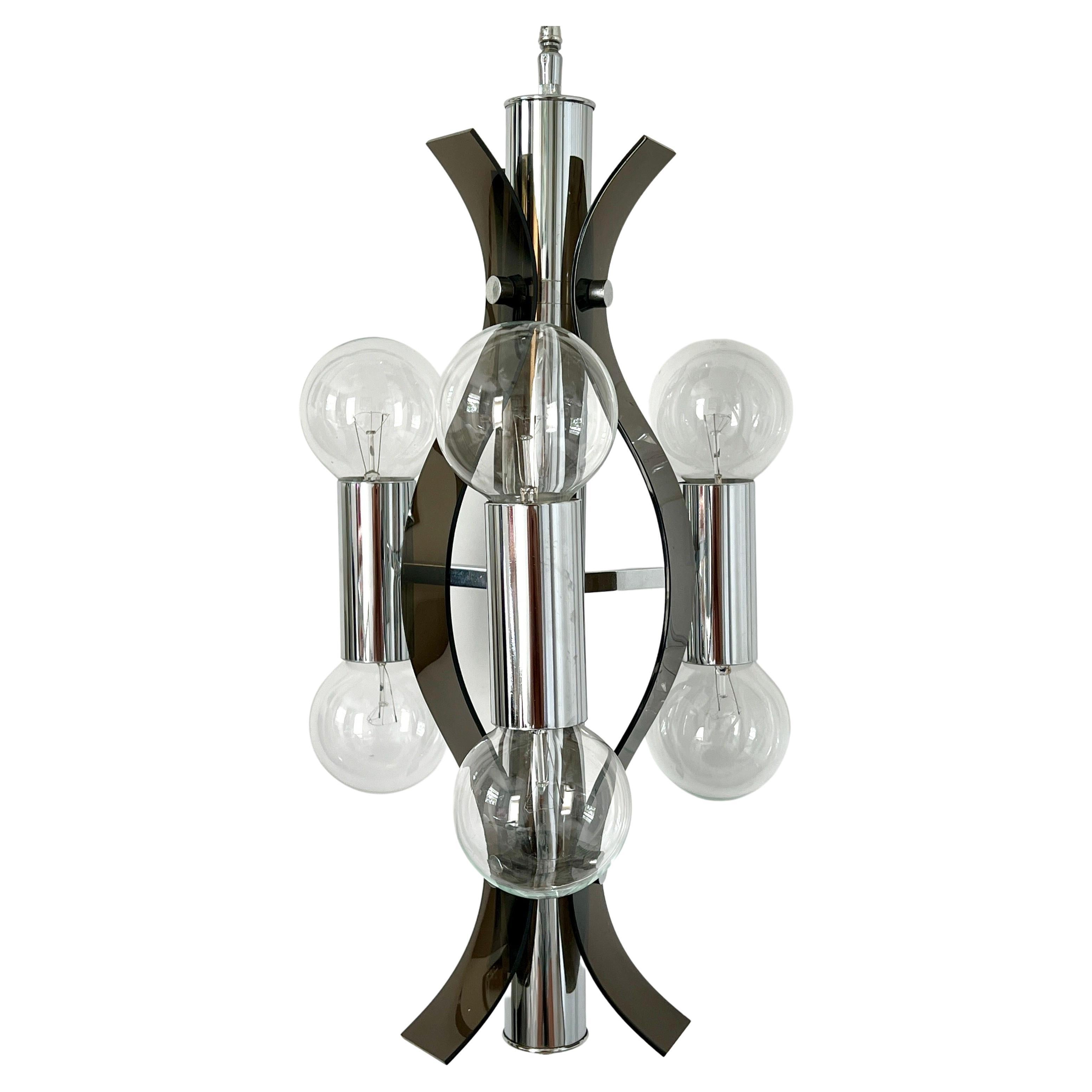 Sculptural Chandelier in Chrome and Smoked Lucite, Robert Sonneman, c. 1970's For Sale