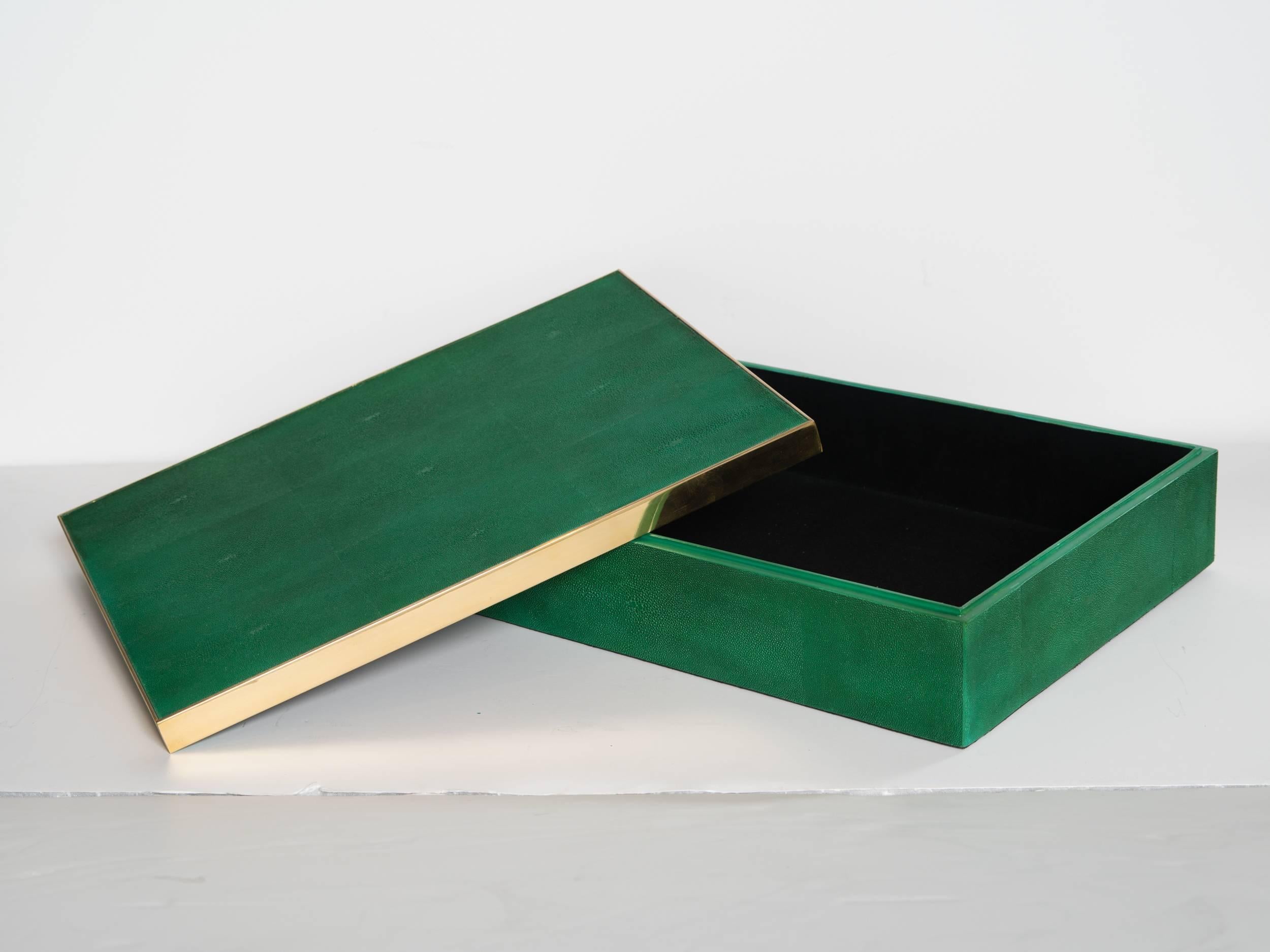 Hand-Crafted Genuine Shagreen Extra Large Box in Vibrant Green with Brass Trim