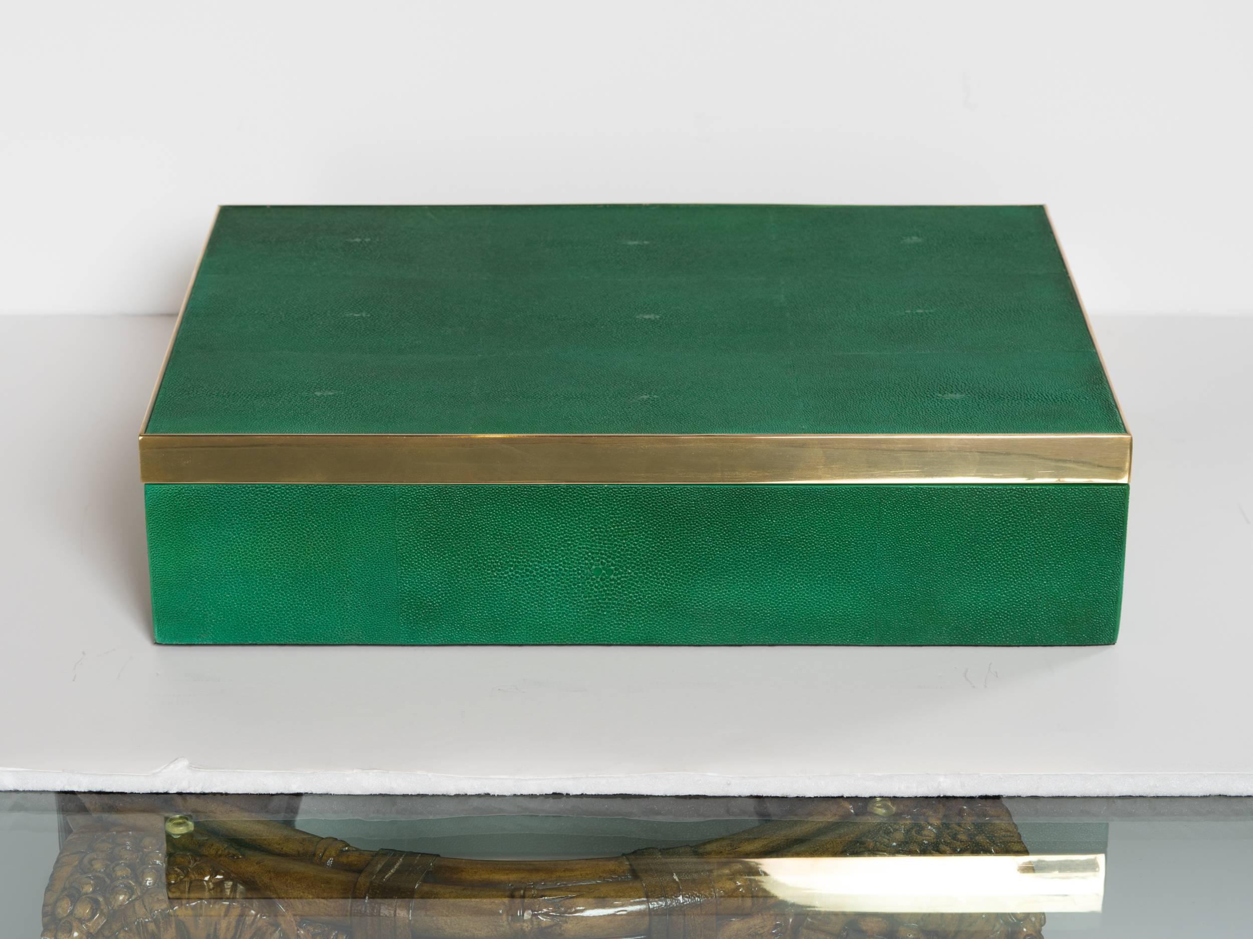 Contemporary Genuine Shagreen Extra Large Box in Vibrant Green with Brass Trim