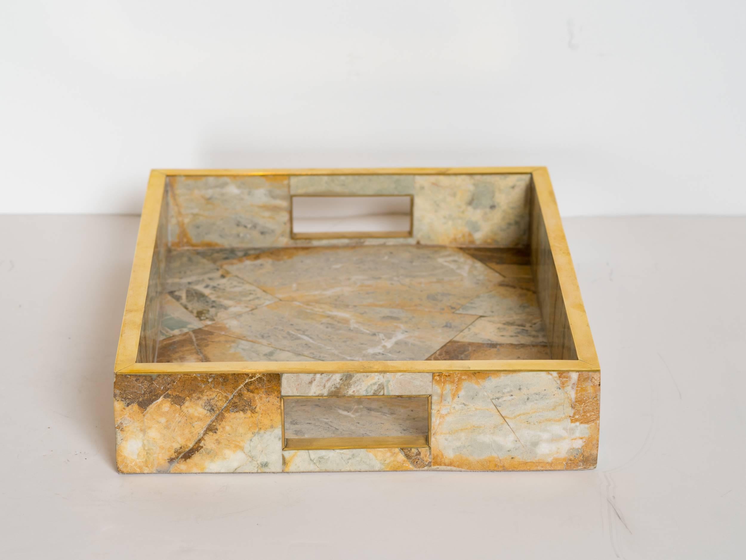 Philippine Geometric Onyx Marble Tray with Brass Trim Details