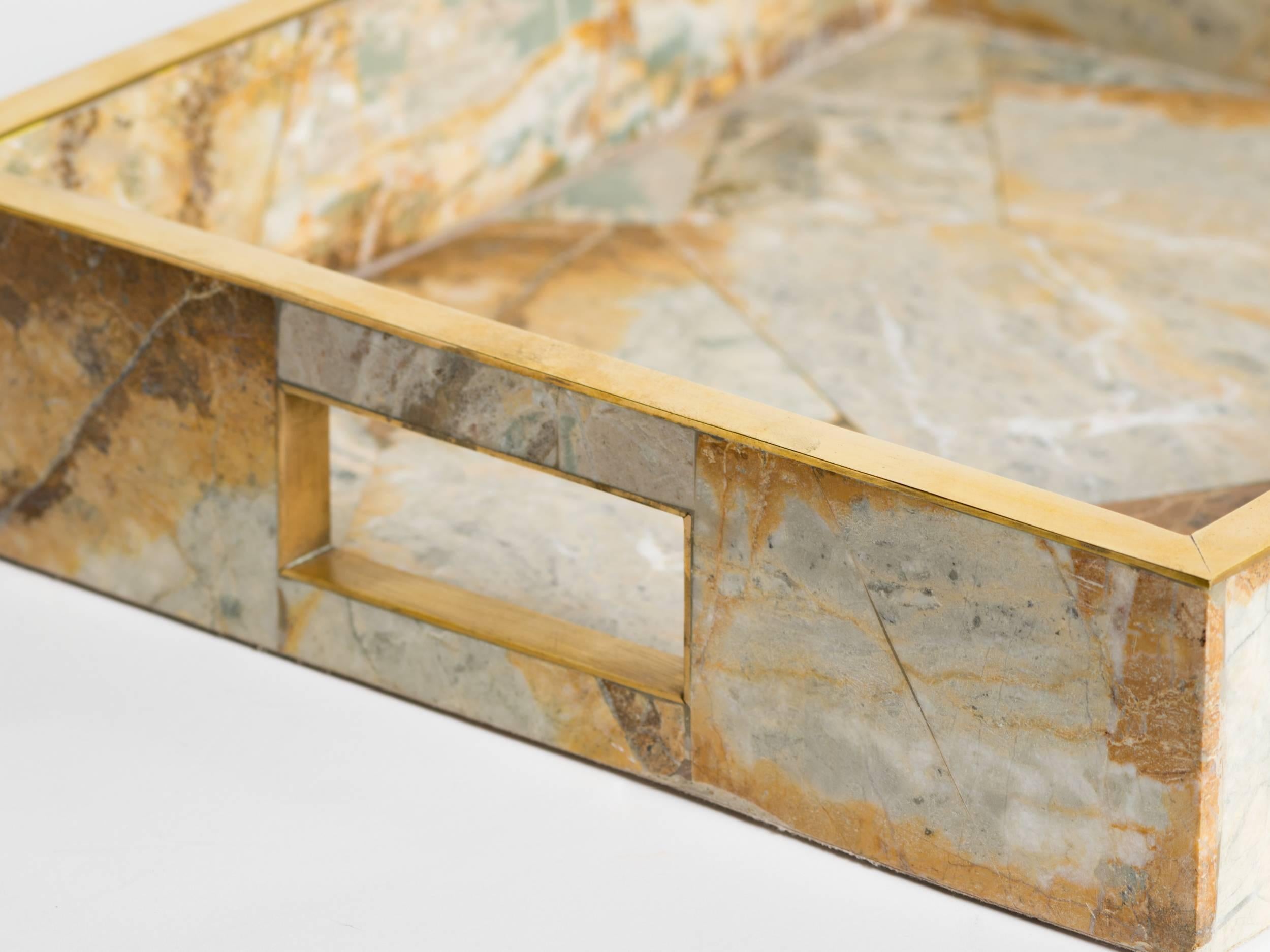 Geometric Onyx Marble Tray with Brass Trim Details In Excellent Condition In Fort Lauderdale, FL