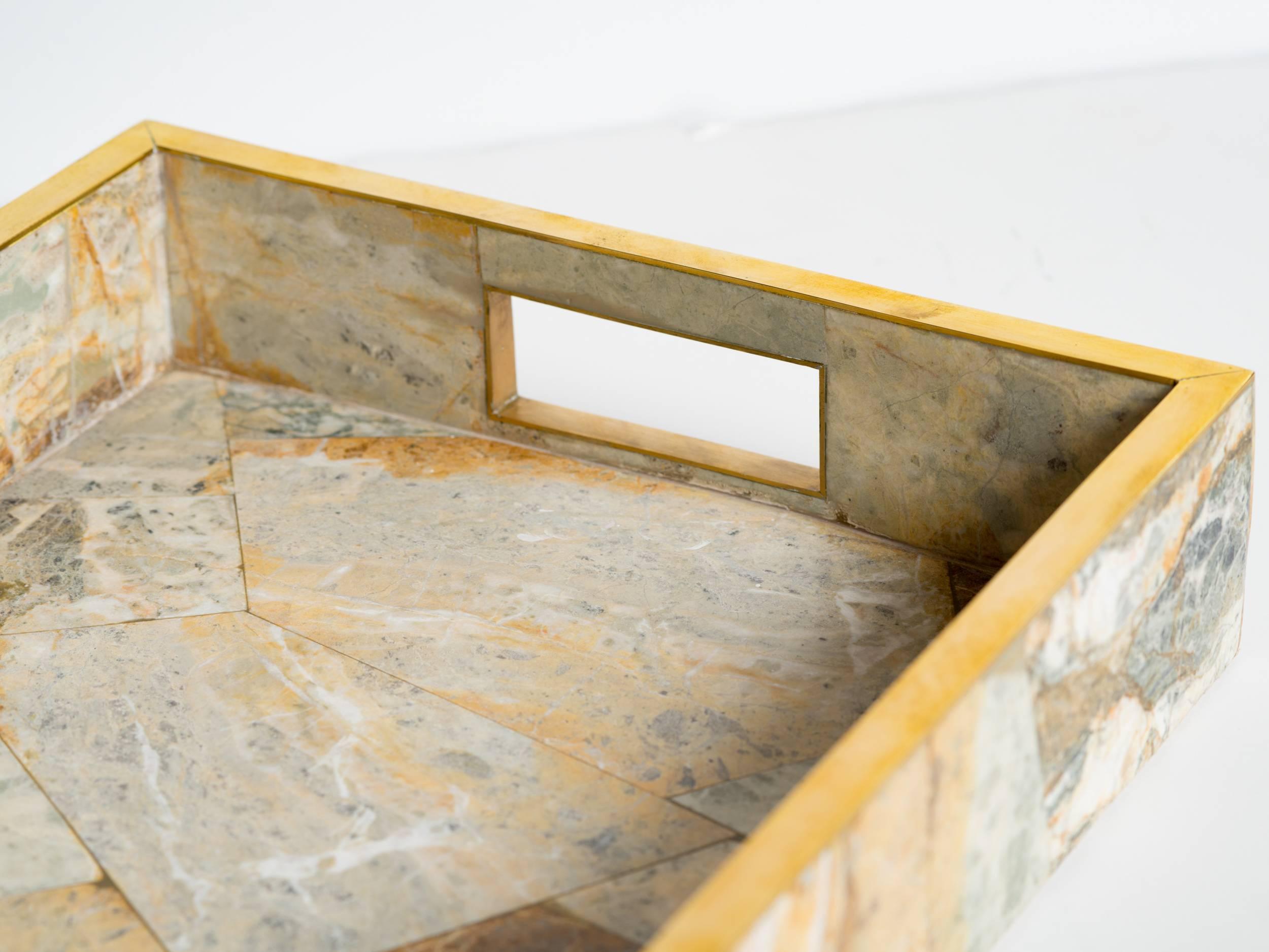 Contemporary Geometric Onyx Marble Tray with Brass Trim Details