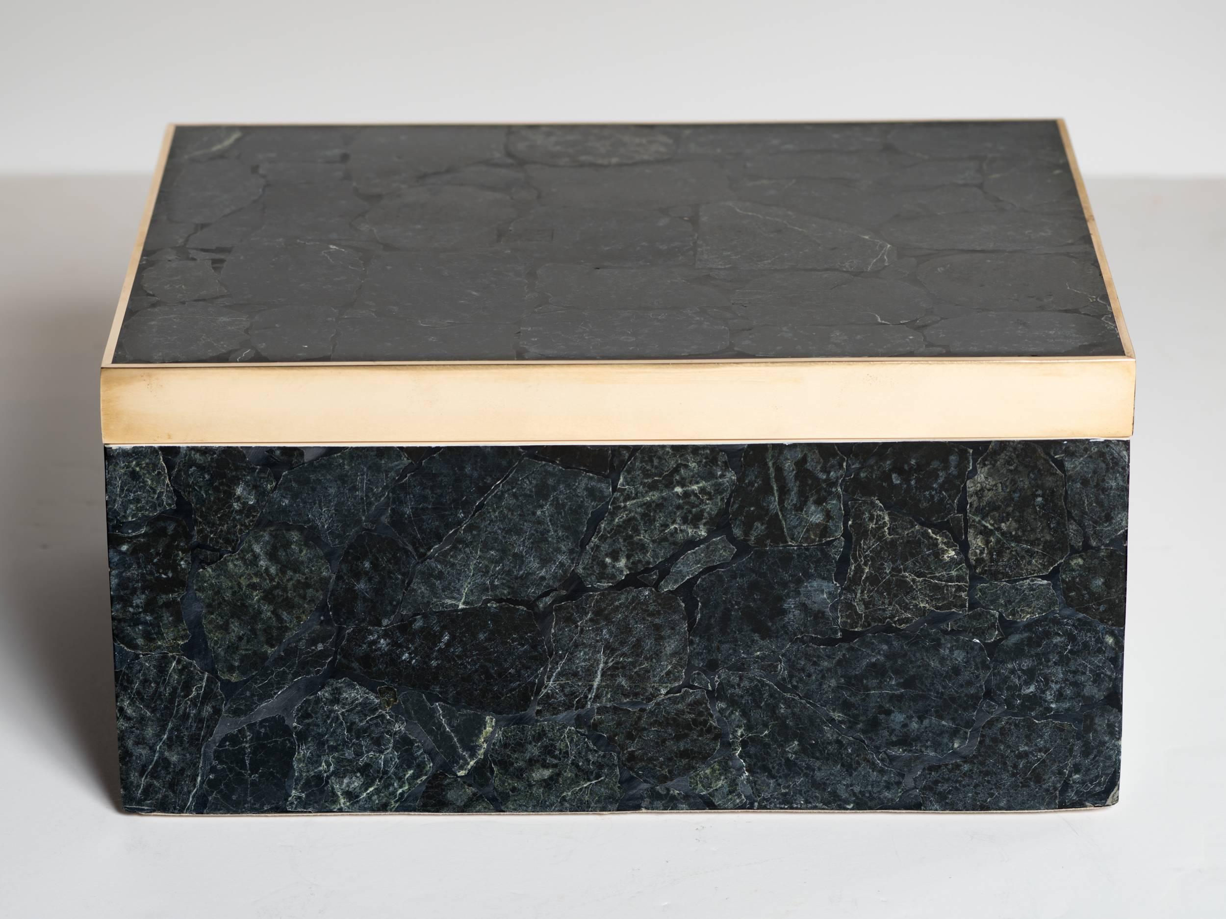 Post-Modern Large Exotic Black Agate Stone Box with Brass Detail