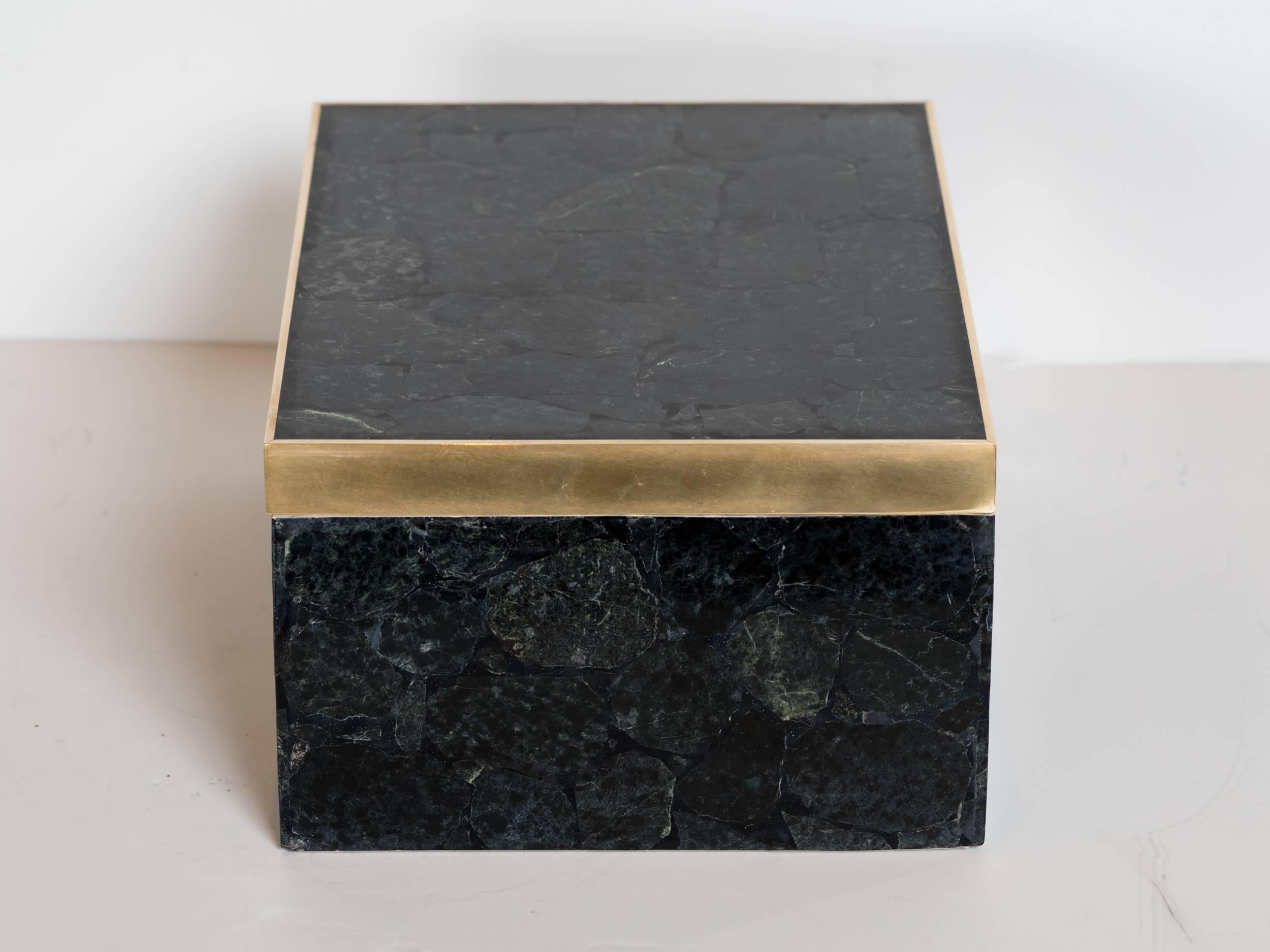 Hand-Crafted Large Exotic Black Agate Stone Box with Brass Detail