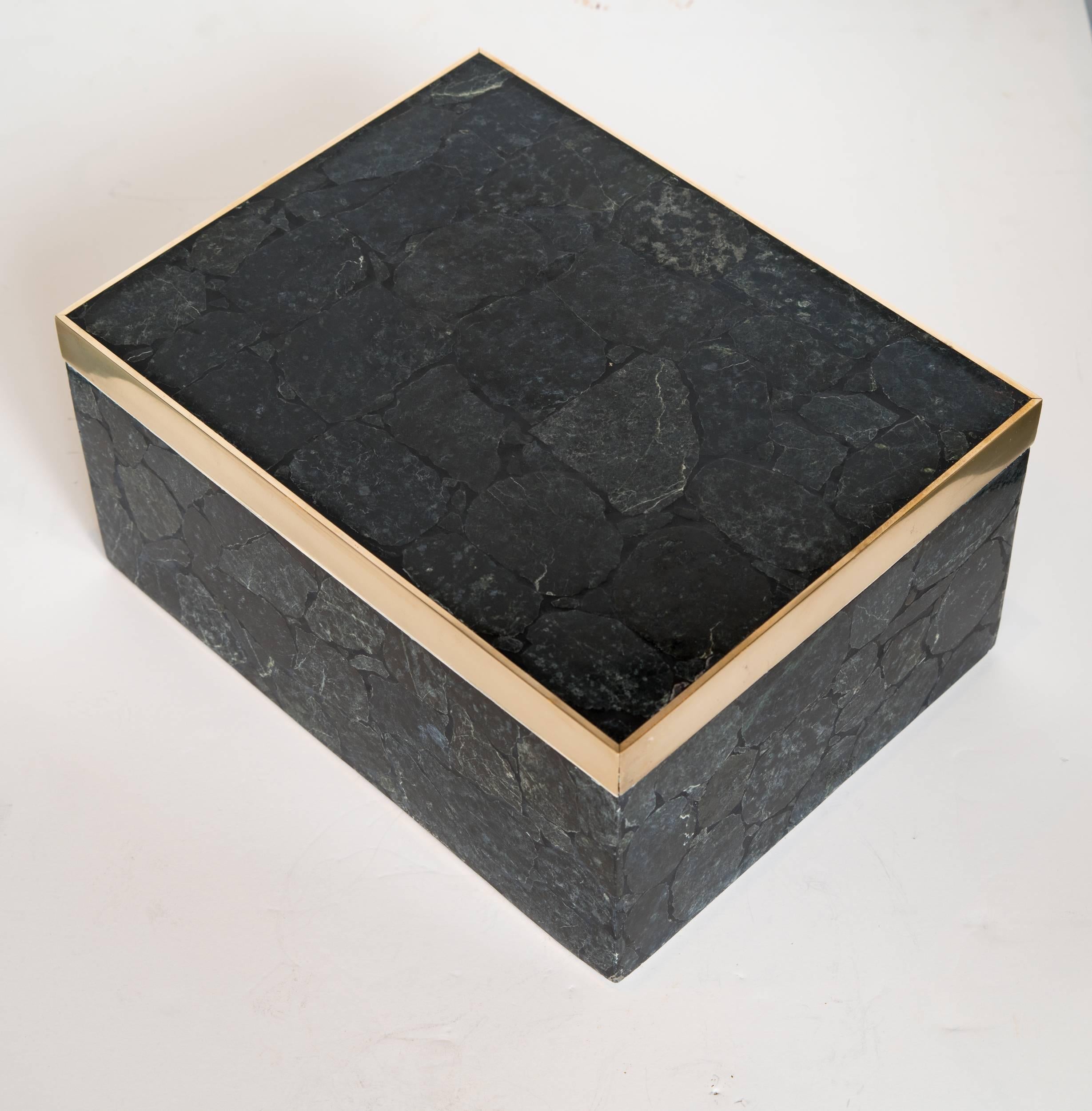 Large Exotic Black Agate Stone Box with Brass Detail In Excellent Condition In Fort Lauderdale, FL