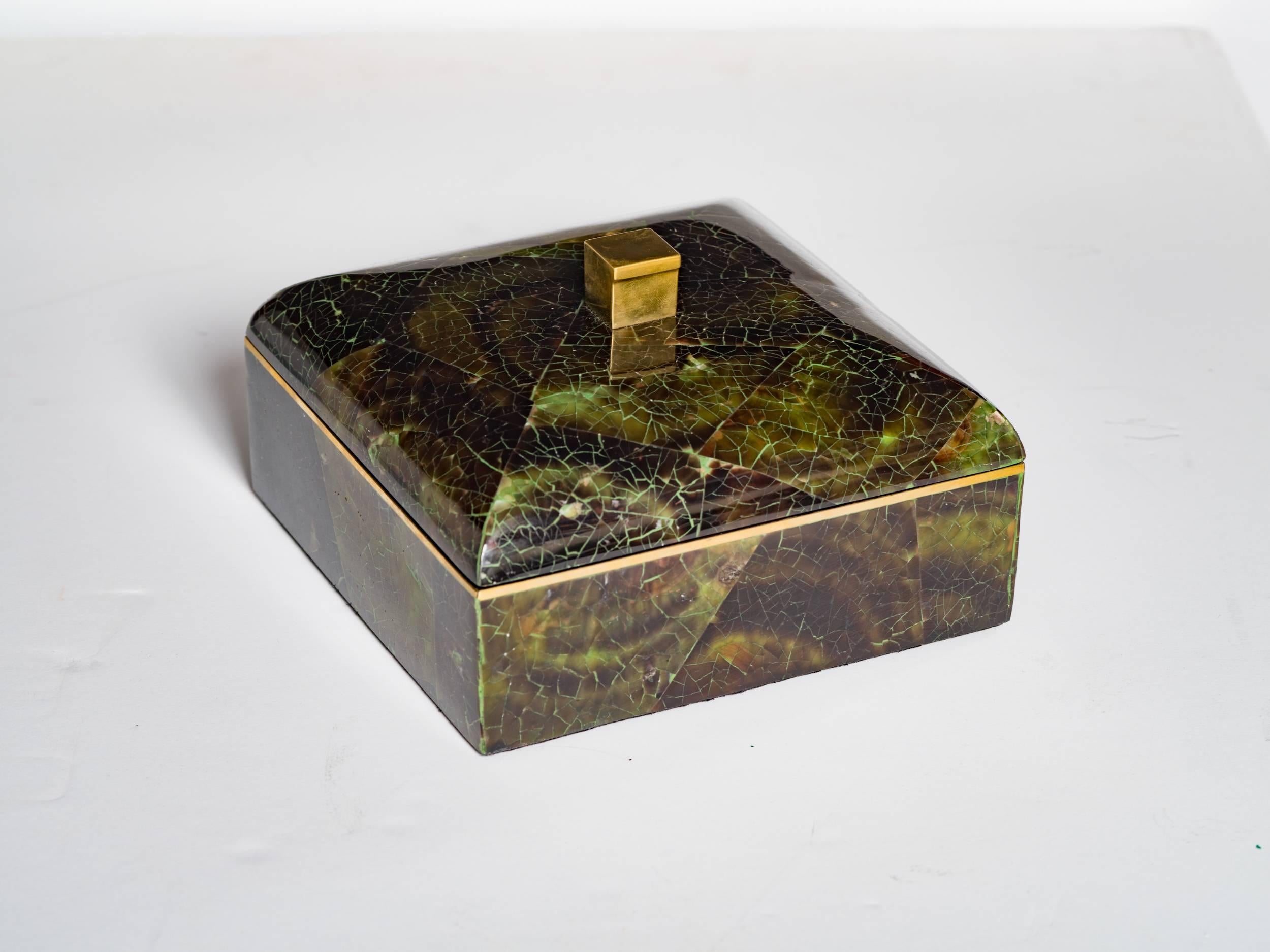 Philippine Exquisite Geometric Green Tab Shell Box with Brass Accents
