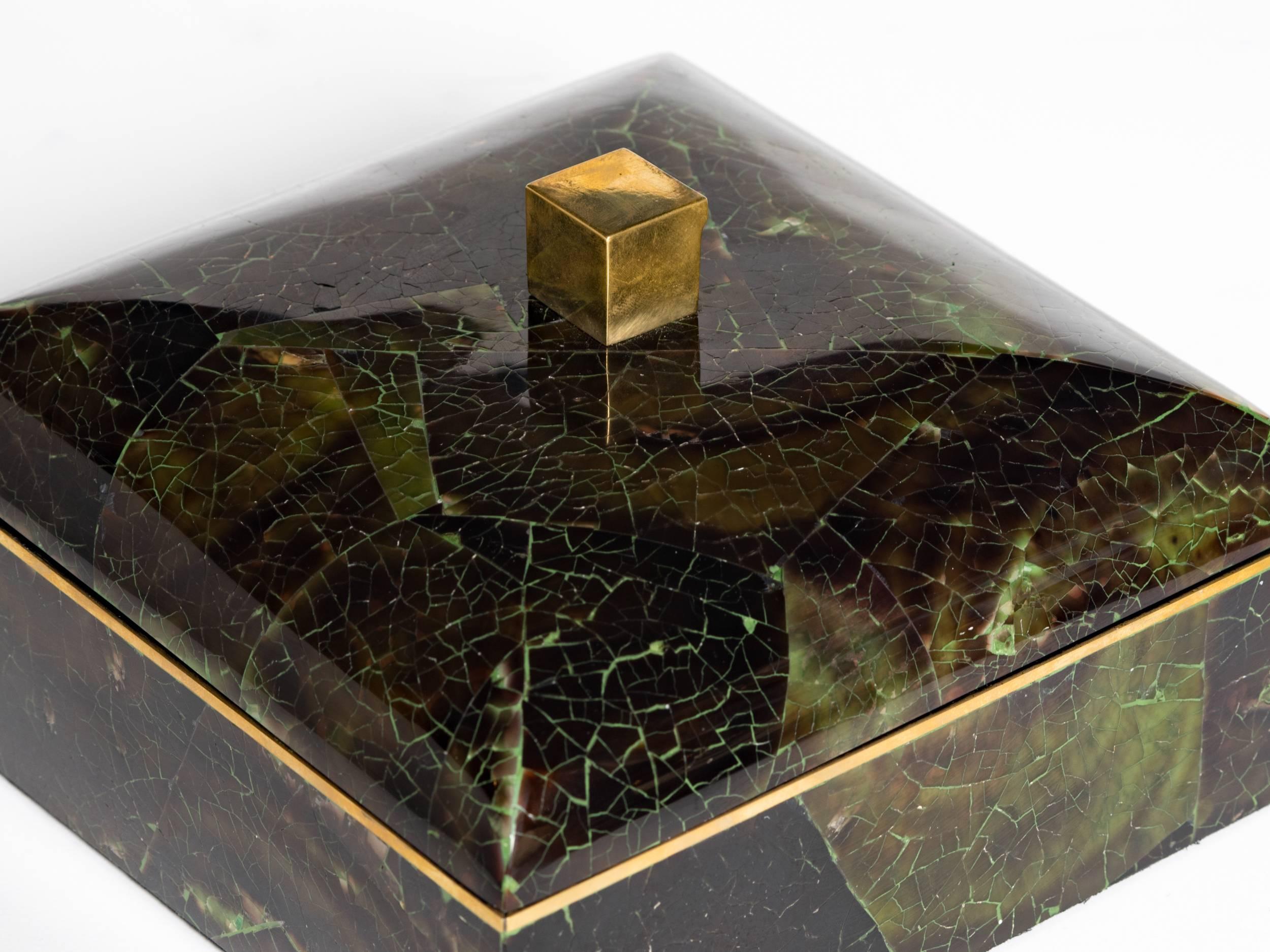 Hand-Crafted Exquisite Geometric Green Tab Shell Box with Brass Accents
