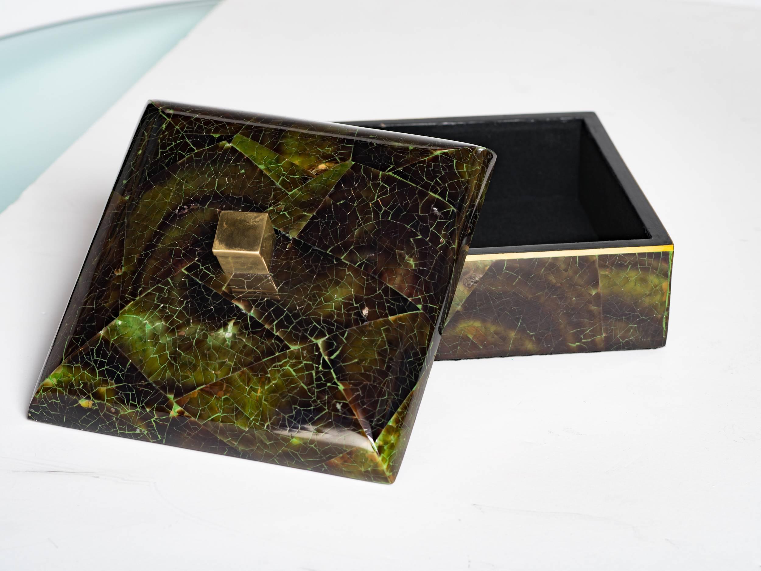 Contemporary Exquisite Geometric Green Tab Shell Box with Brass Accents