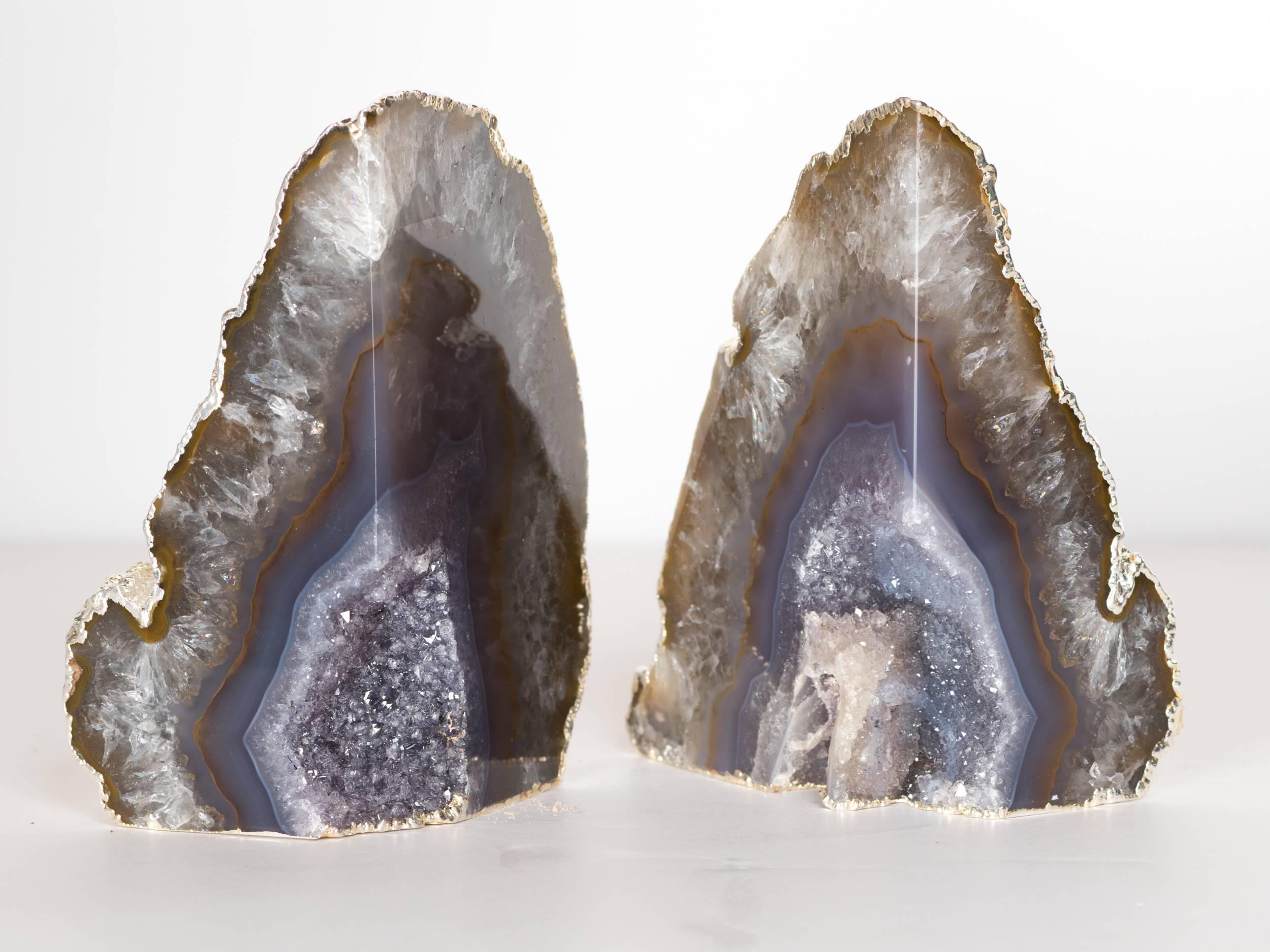Organic Agate and Quartz Crystal Bookends Wrapped in White Gold In Excellent Condition In Fort Lauderdale, FL