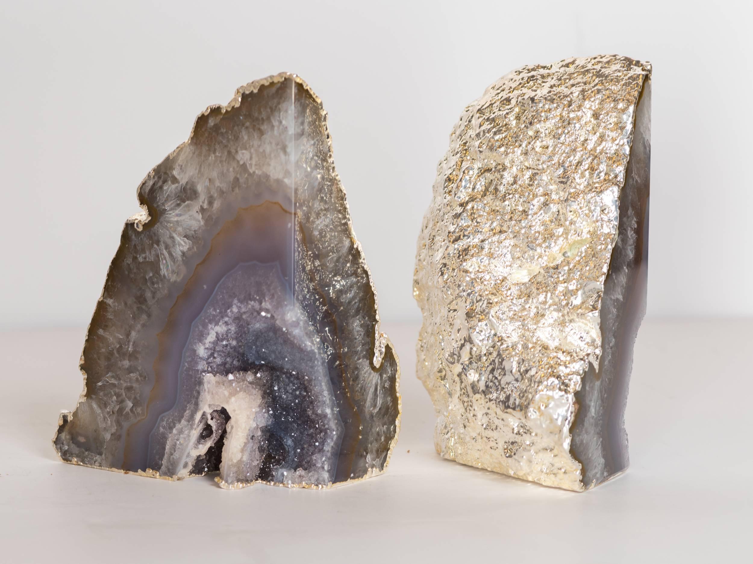 Contemporary Organic Agate and Quartz Crystal Bookends Wrapped in White Gold
