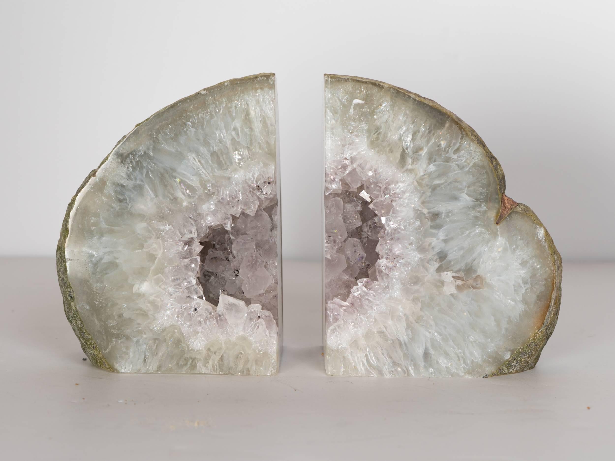 Organic Modern Pair of Organic Quartz Crystal Bookends with Amethyst Center Detail